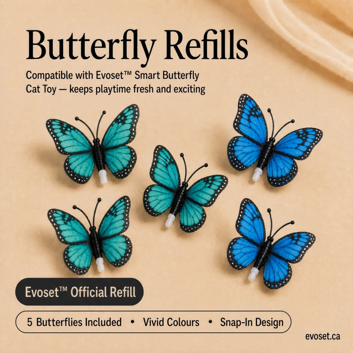 Butterfly Refills — five blue butterfly refill lures for the Smart Butterfly Cat Toy on a beige background