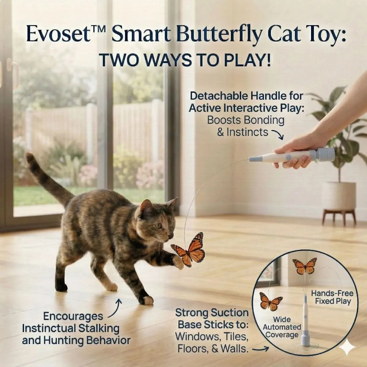 Cat playing with Evoset Smart Butterfly Cat Toy in a home setting