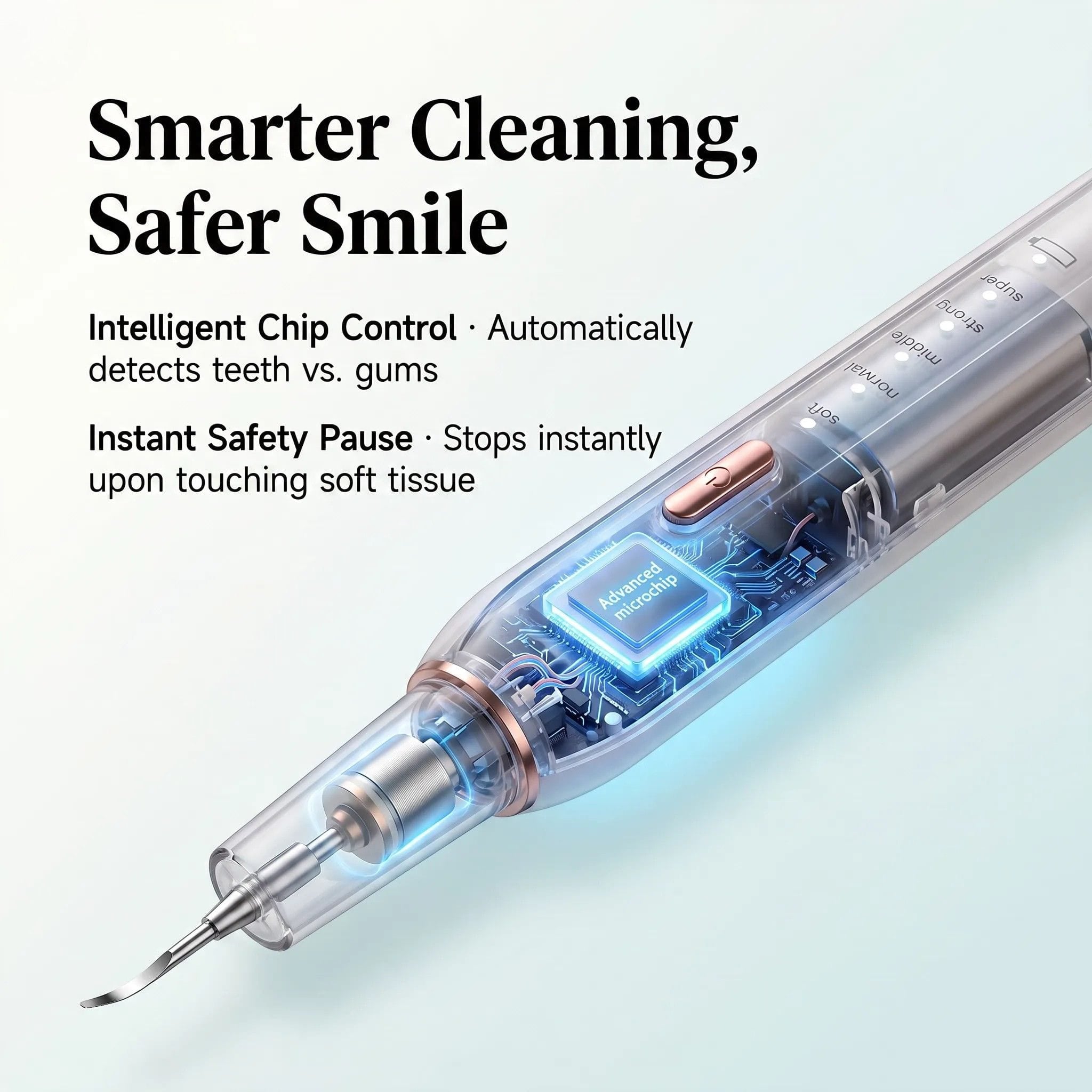 Evoset CurvyMoon Ultrasonic Pet Dental Cleaner x-ray diagram illustrating the intelligent microchip safety control and instant pause feature upon touching soft gums.