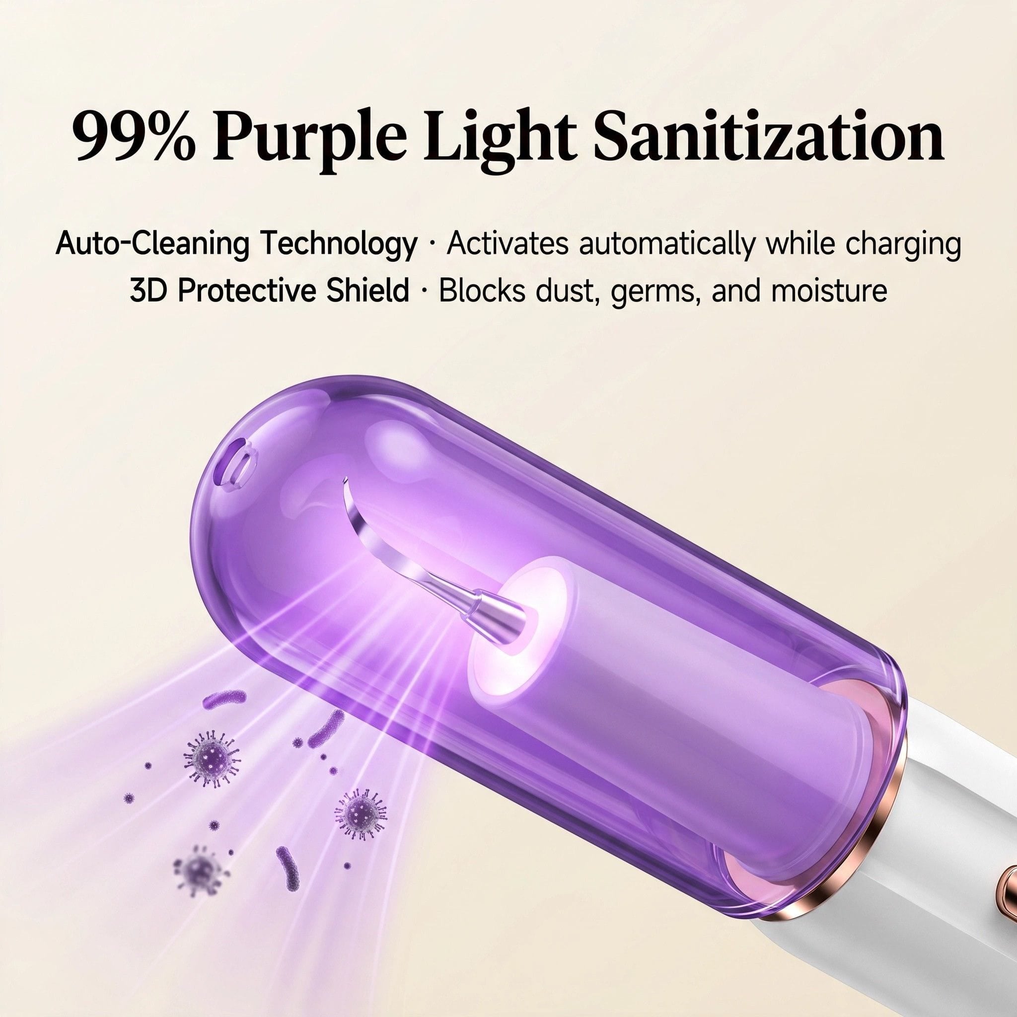 Evoset CurvyMoon Ultrasonic Pet Dental Cleaner showcasing 99% purple light auto-cleaning sanitization technology and 3D protective shield cap.