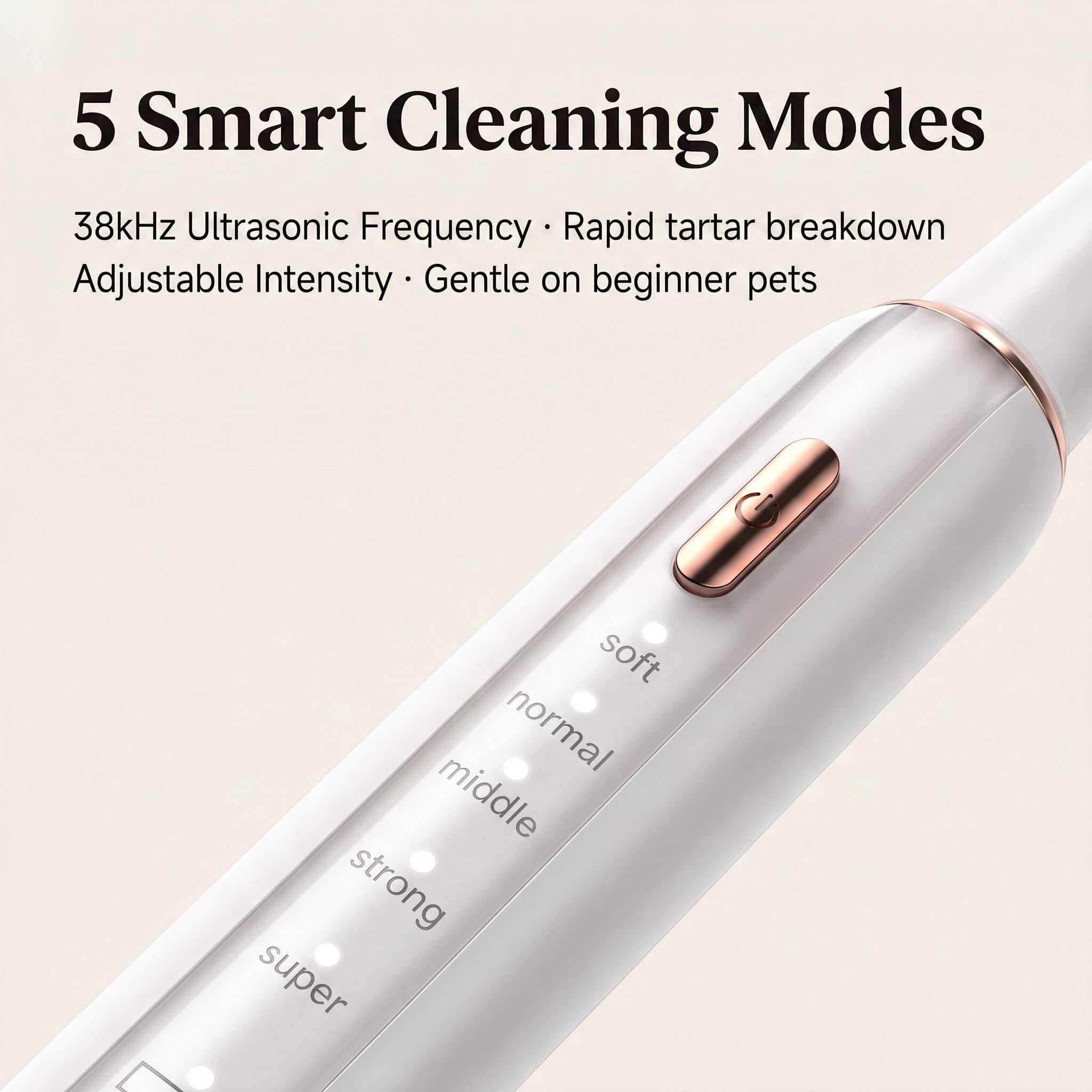 Close-up diagram of the Evoset CurvyMoon Ultrasonic Pet Dental Cleaner handle displaying the 5 smart cleaning modes and 38kHz ultrasonic frequency controls.