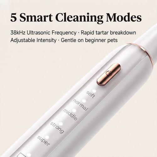 Close-up diagram of the Evoset CurvyMoon Ultrasonic Pet Dental Cleaner handle displaying the 5 smart cleaning modes and 38kHz ultrasonic frequency controls.