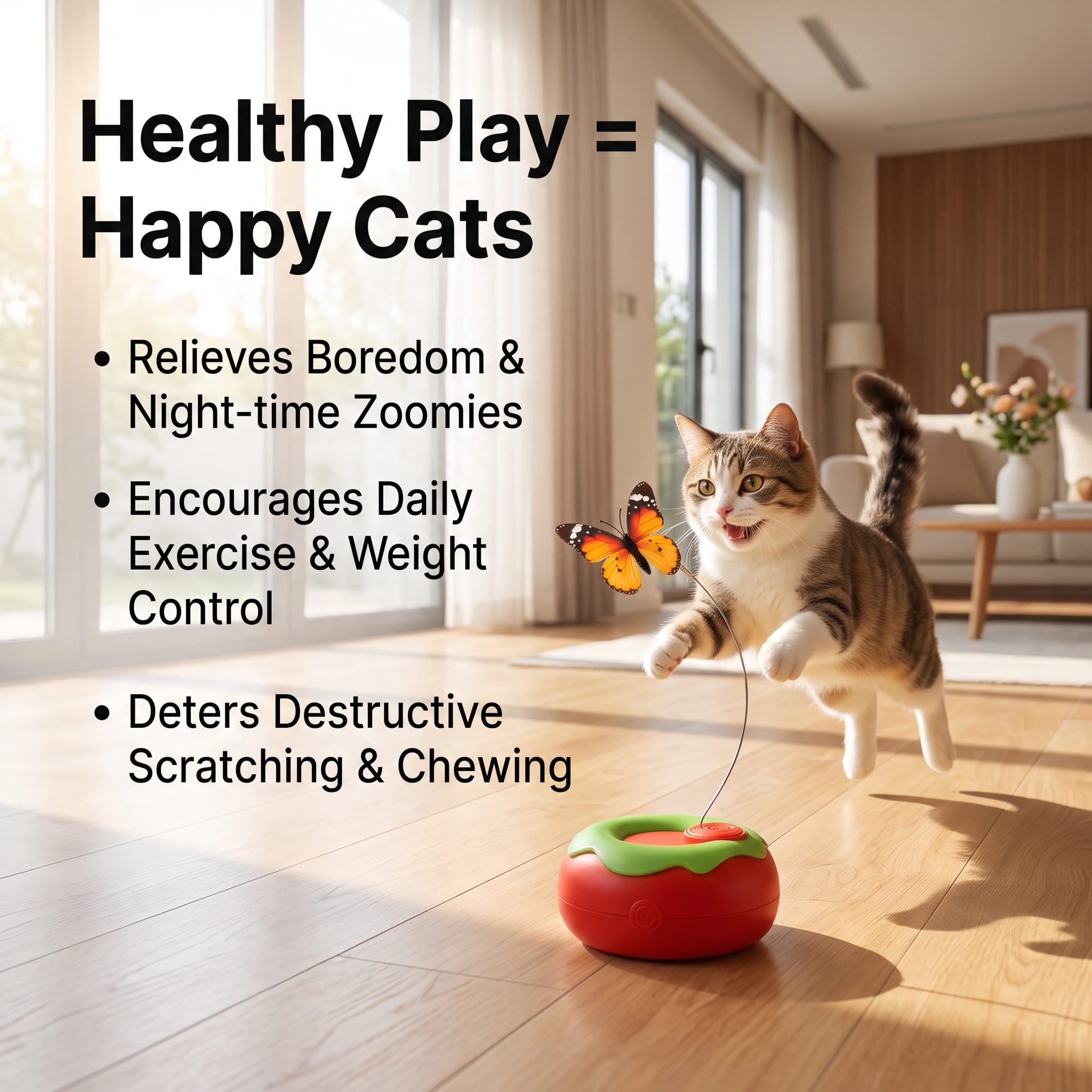 Tabby cat pouncing in a sunny living room toward the Evoset Smart Butterfly Racer in Tomato Red, with headline 'Healthy Play = Happy Cats' and benefits highlighting exercise, zoomies relief, and stopping destructive scratching.
