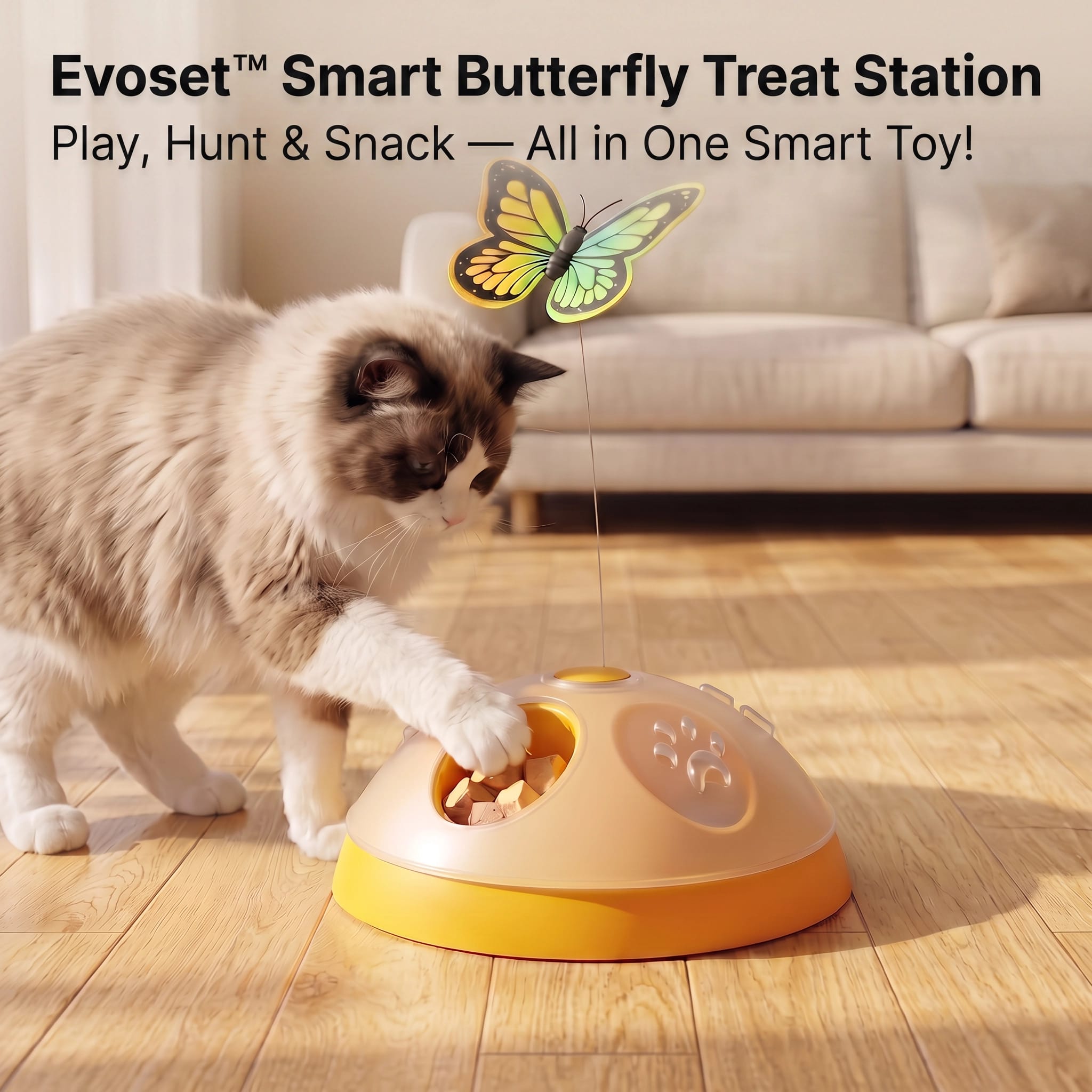 Fluffy cat playing with the Evoset Smart Butterfly Treat Station, pawing at treats in the slow feeder maze while the butterfly teaser hovers above.