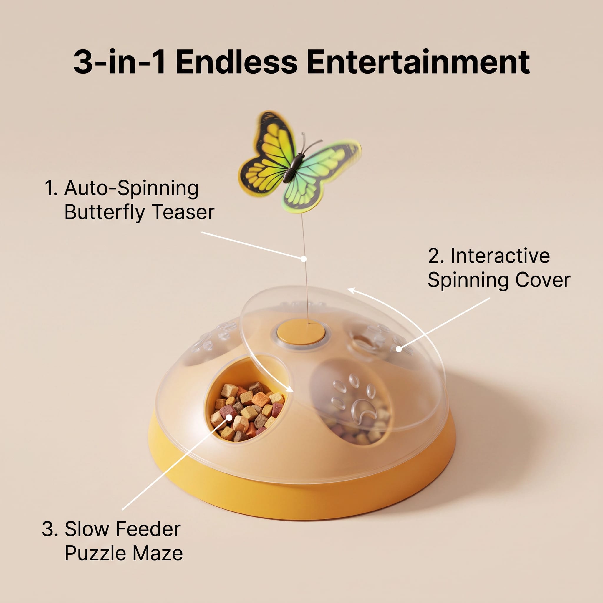 3-in-1 Endless Entertainment feature breakdown of the Evoset Smart Butterfly Treat Station, highlighting the auto-spinning butterfly teaser, interactive spinning cover, and slow feeder puzzle maze.