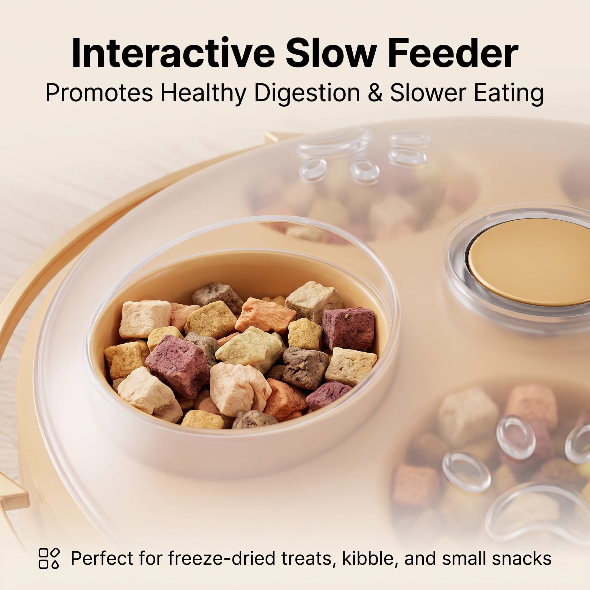 Close-up of the Evoset Smart Butterfly Treat Station interactive slow feeder bowl filled with freeze-dried treats to promote healthy digestion and slower eating.