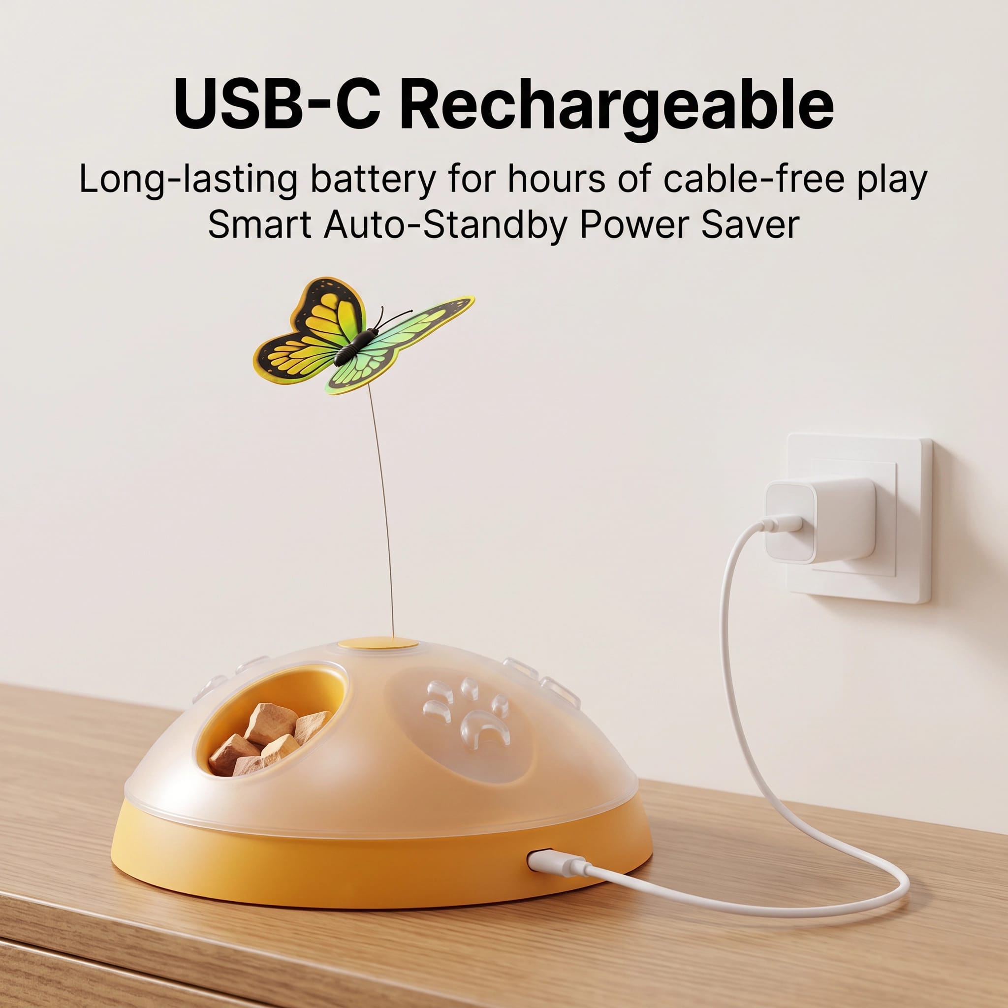 USB-C Rechargeable feature graphic for the Evoset Smart Butterfly Treat Station, showing the interactive cat toy plugged into a wall charger with long-lasting battery life.