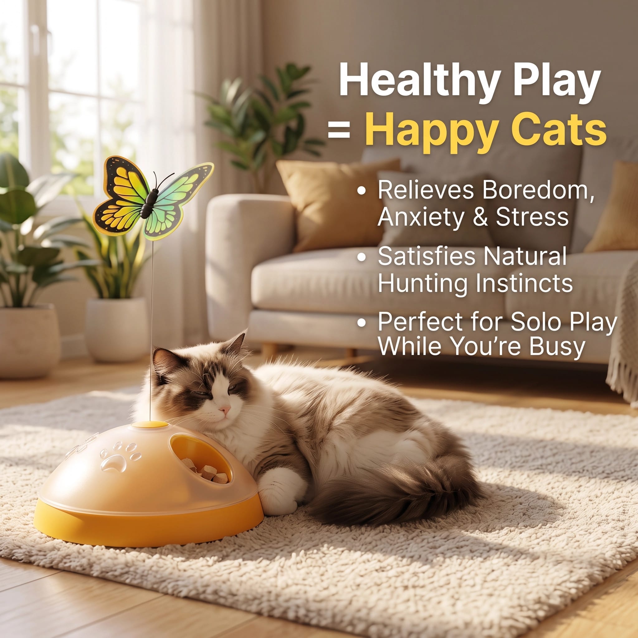 Fluffy cat resting next to the Evoset Smart Butterfly Treat Station in a living room, with key benefits highlighting stress relief, natural hunting instincts, and solo play.