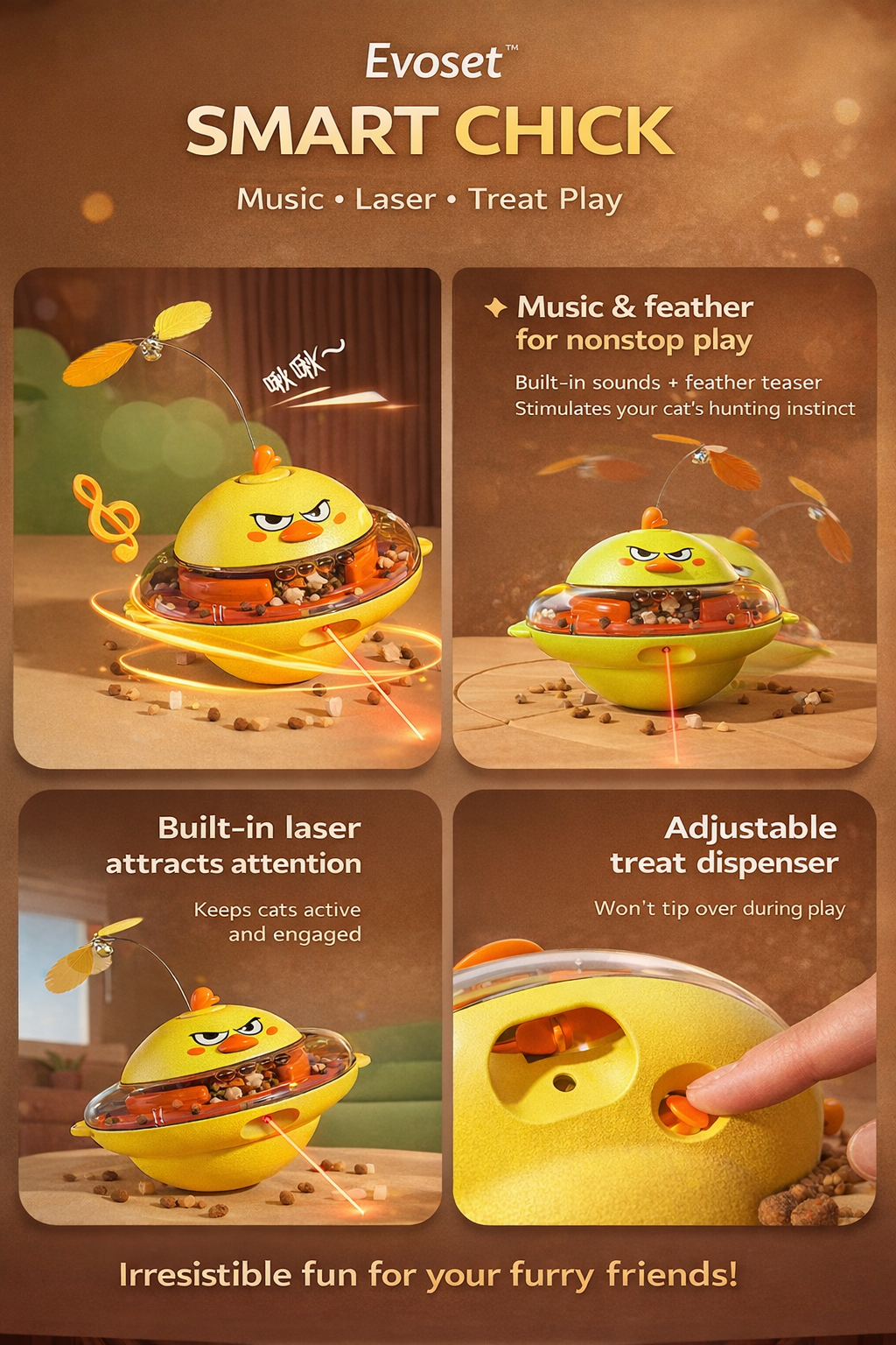 Evoset Smart Chick product with features like music, laser, and treat play on a brown background.