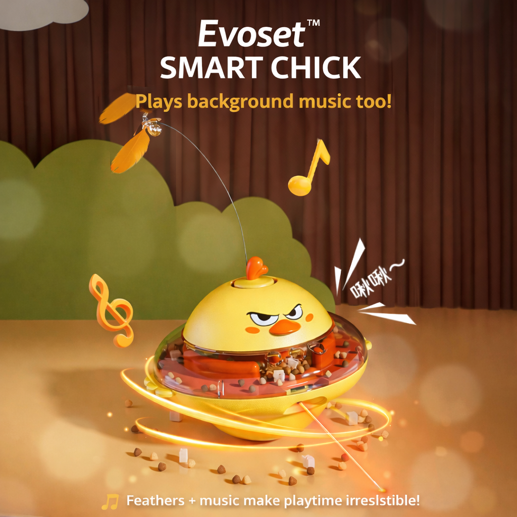 Evoset Smart Chick toy with music notes and feather effect on a scenic background