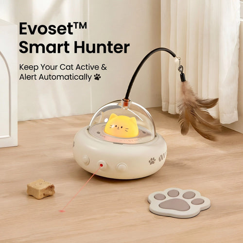 3-in-1 Smart Hunter cat toy — white dome hunter with feather wand and laser beam on wood floor