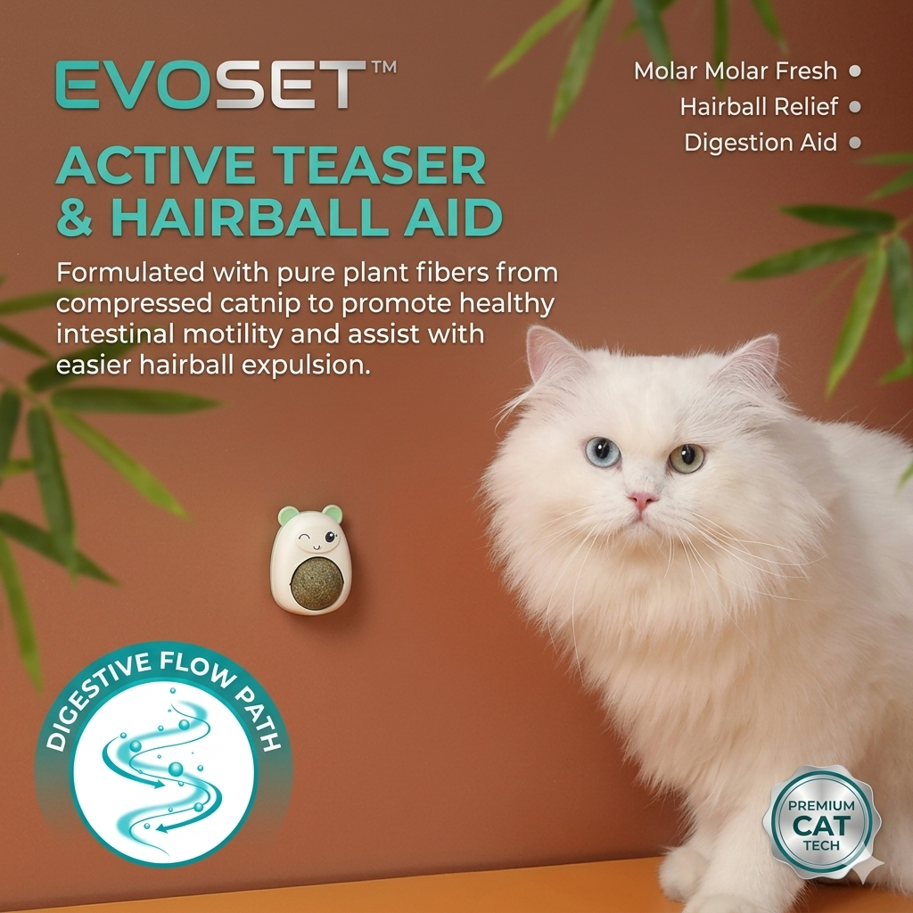 EvoSet product packaging with a cat and promotional text on a brown background