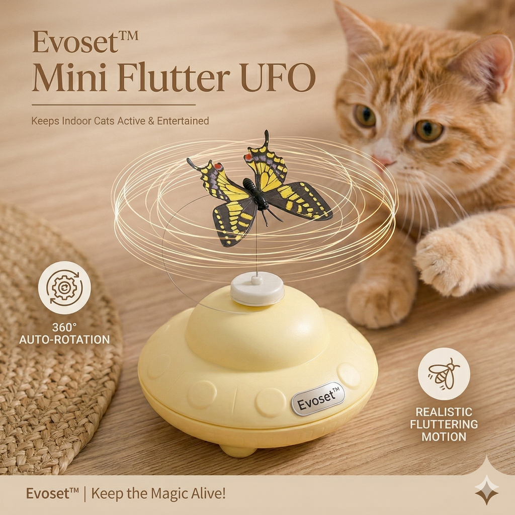 Evoset Mini Flutter UFO cat toy with a butterfly design, featuring a cat interacting with it on a wooden surface.