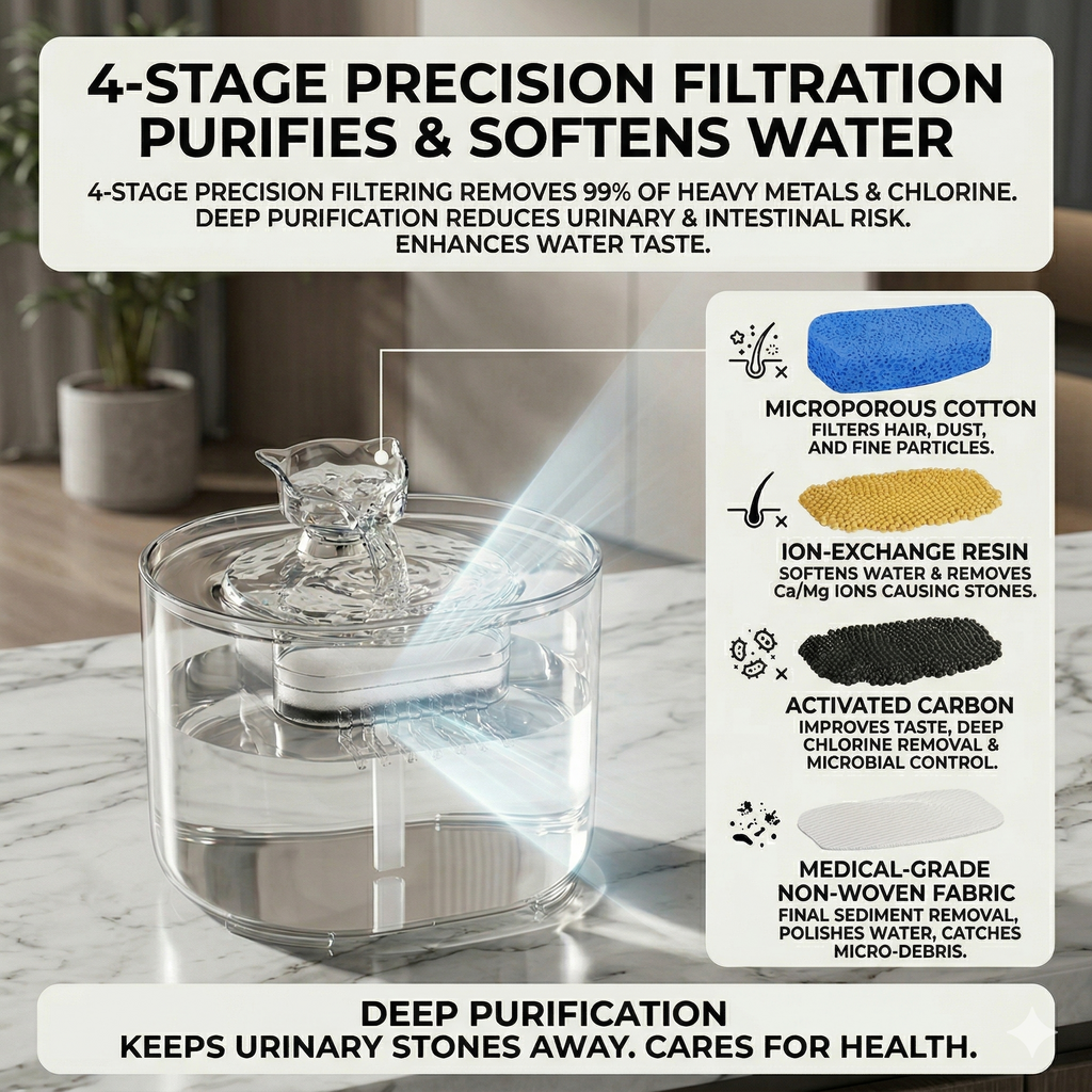 Water filtration system with labeled stages on a marble surface