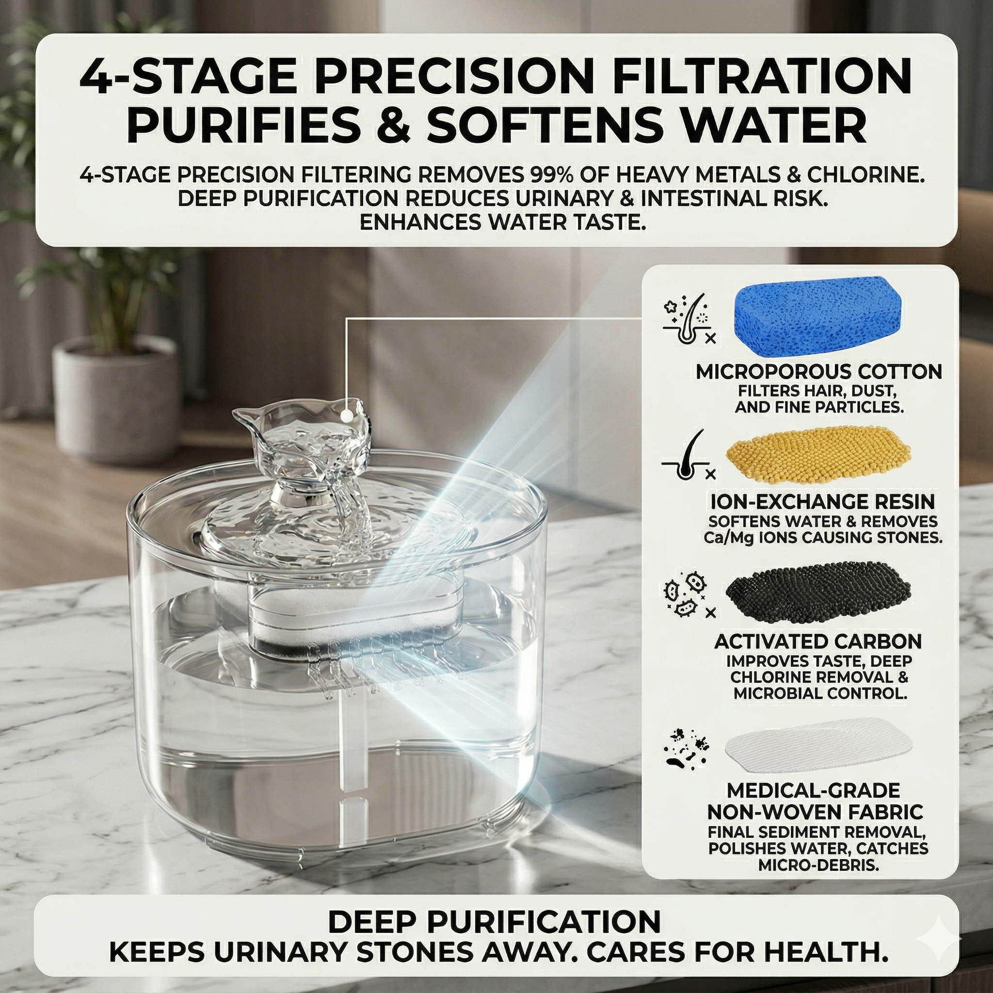 Water filtration system with labeled stages on a marble surface
