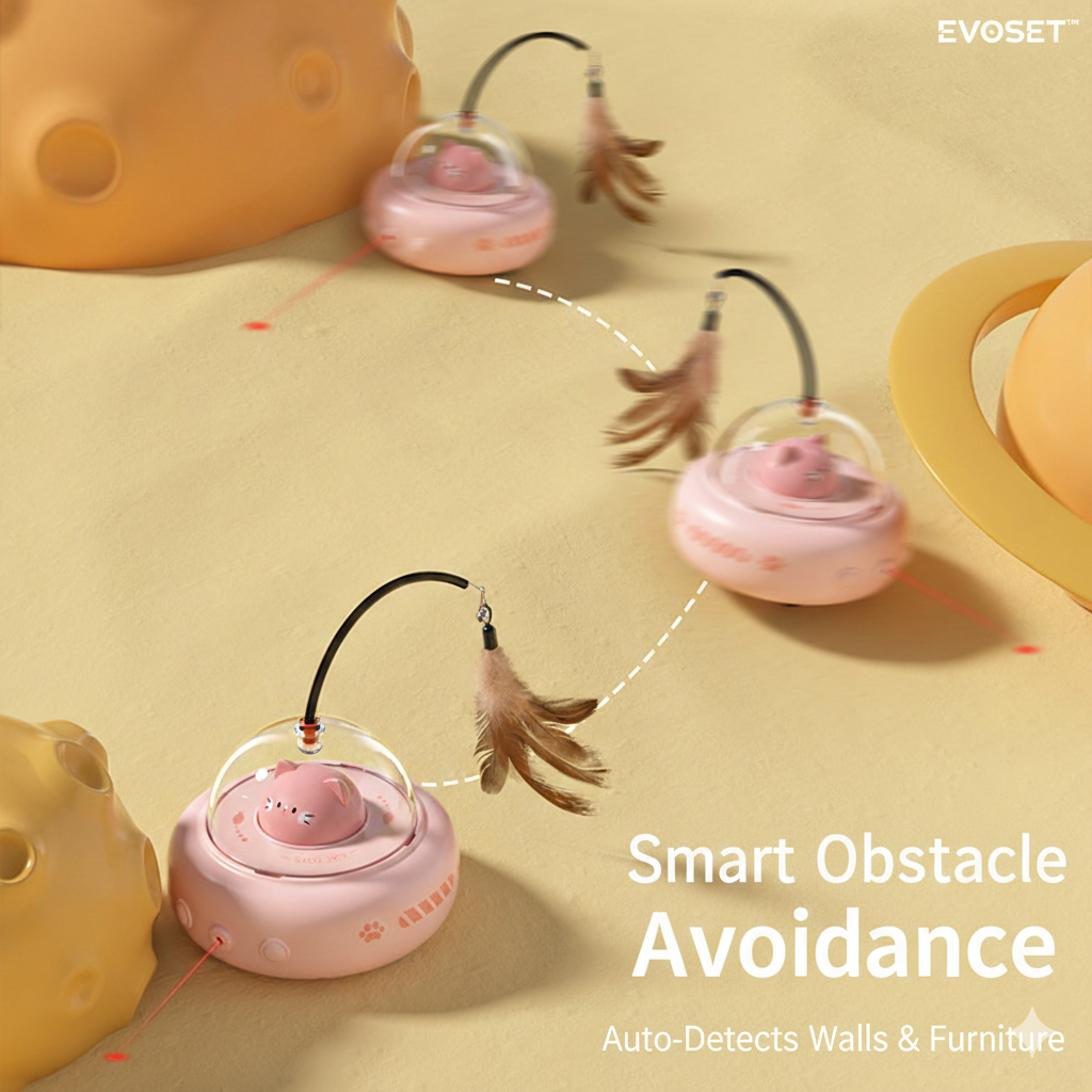 Pink pet toy with a feather on a beige surface, featuring 'Smart Obstacle Avoidance' text.