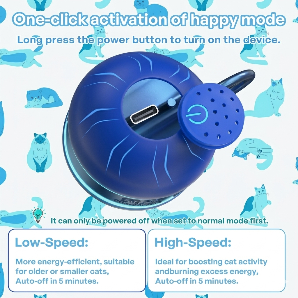 Blue pet toy with USB port and power button, surrounded by cartoon cats on a blue background.