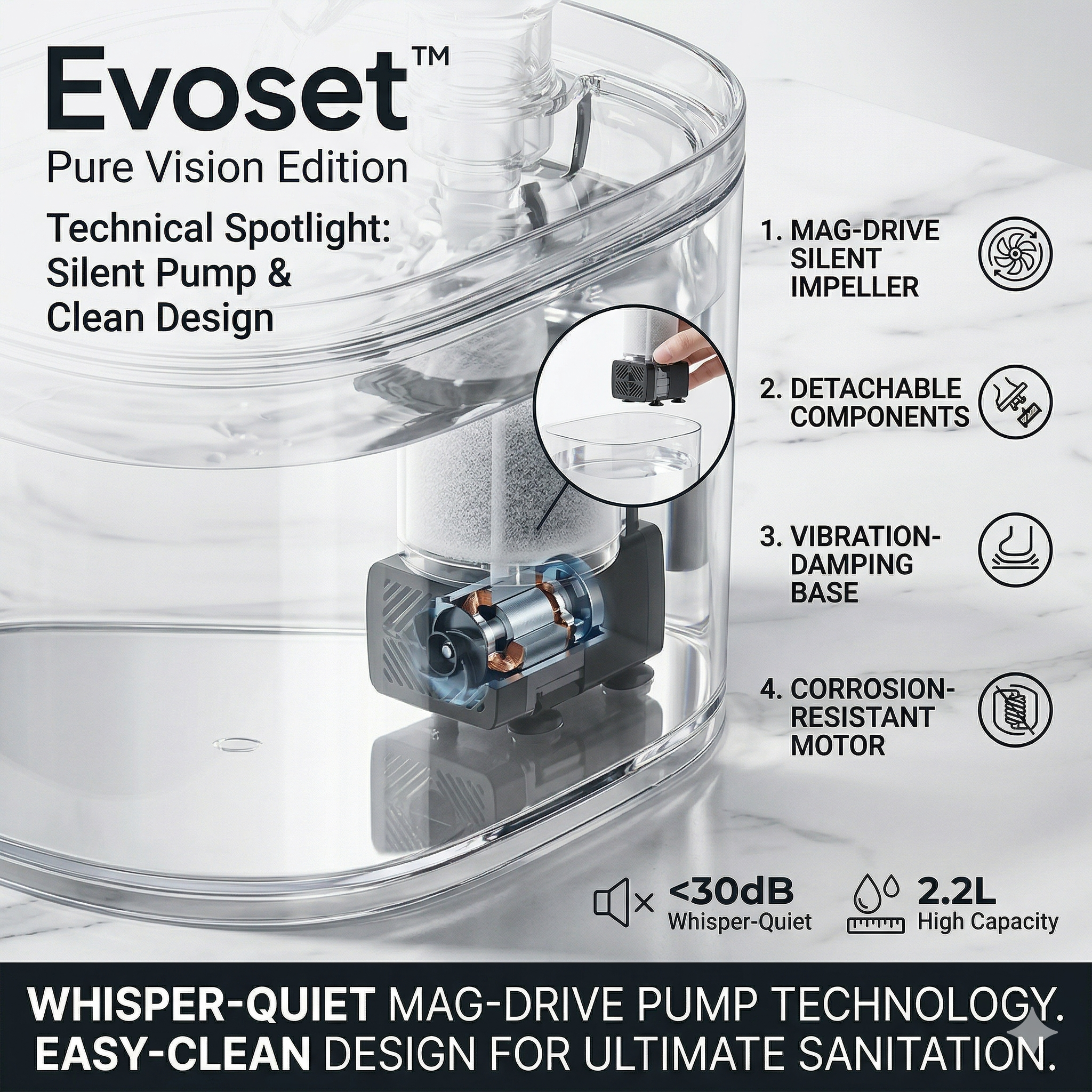 Evoset Pure Vision Edition pump with features highlighted on a white background