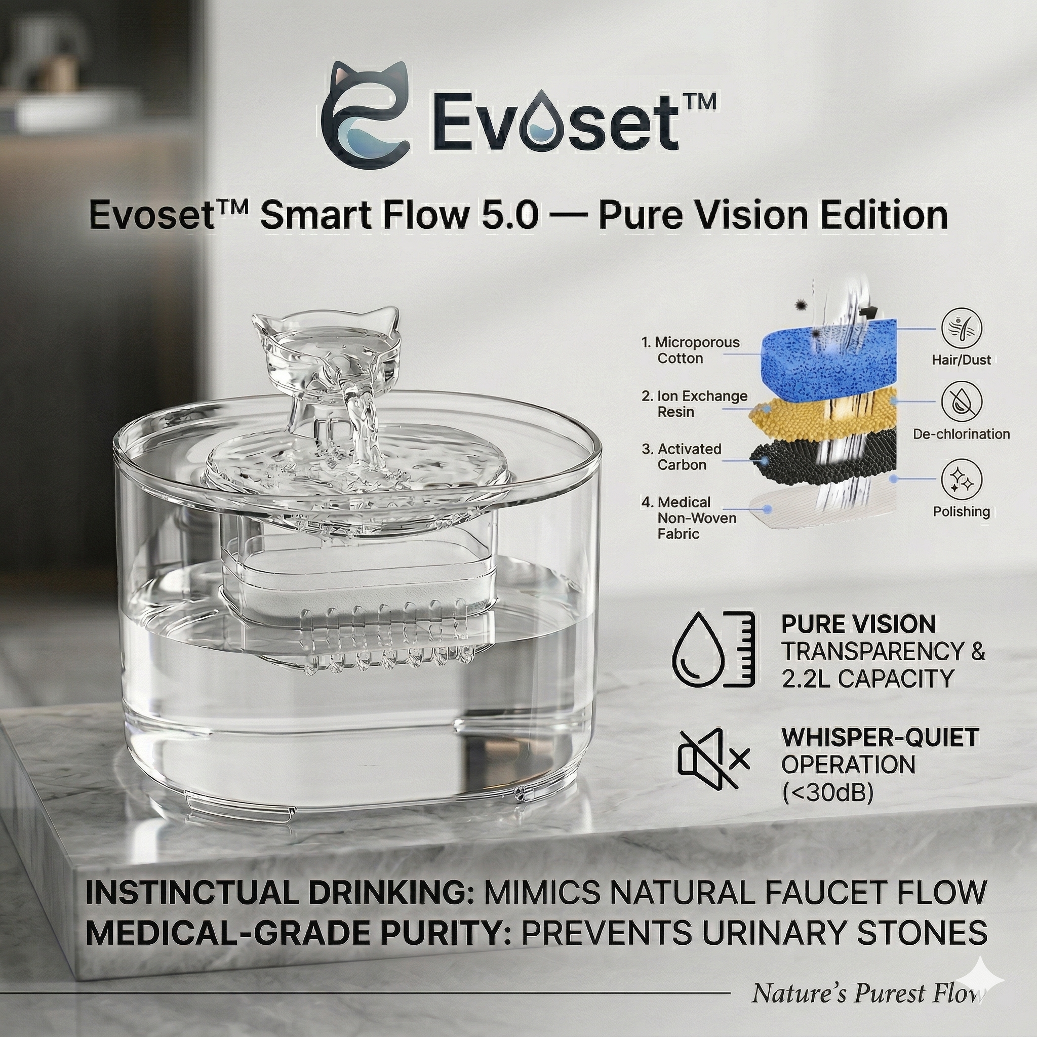 Evoset Smart Flow 5.0 water fountain on a marble surface with product features listed.