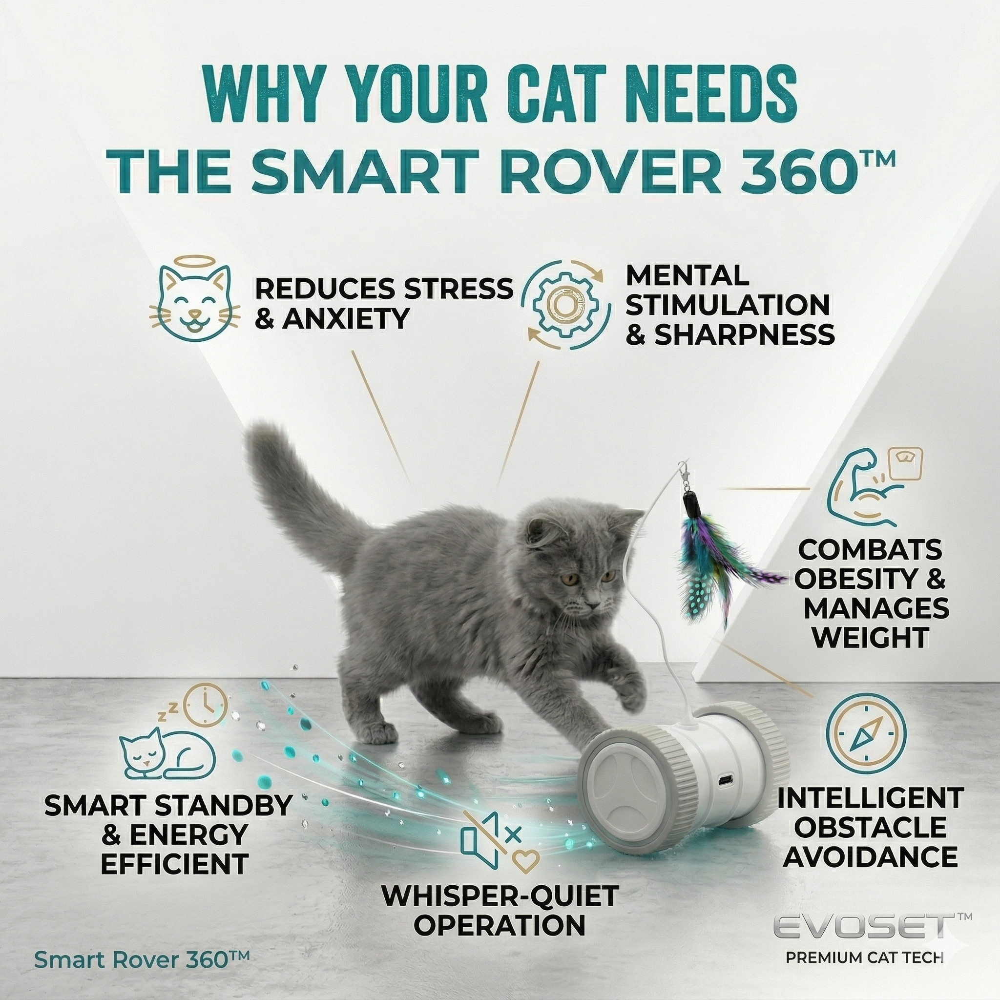 Advertisement for the Smart Rover 360 cat toy with a cat playing with it, highlighting features like stress reduction and mental stimulation.