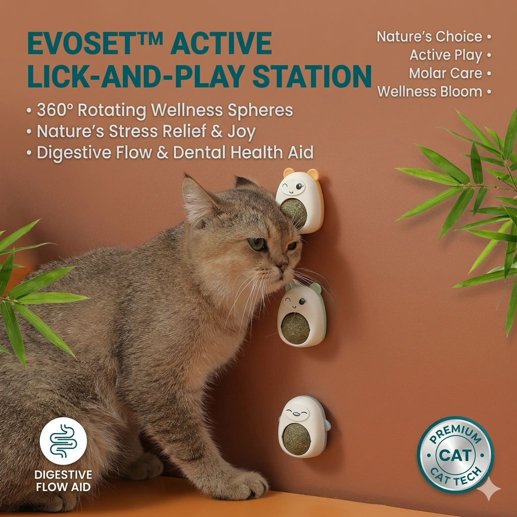 Cat interacting with an EVOSET Active Lick-and-Play Station on a brown background