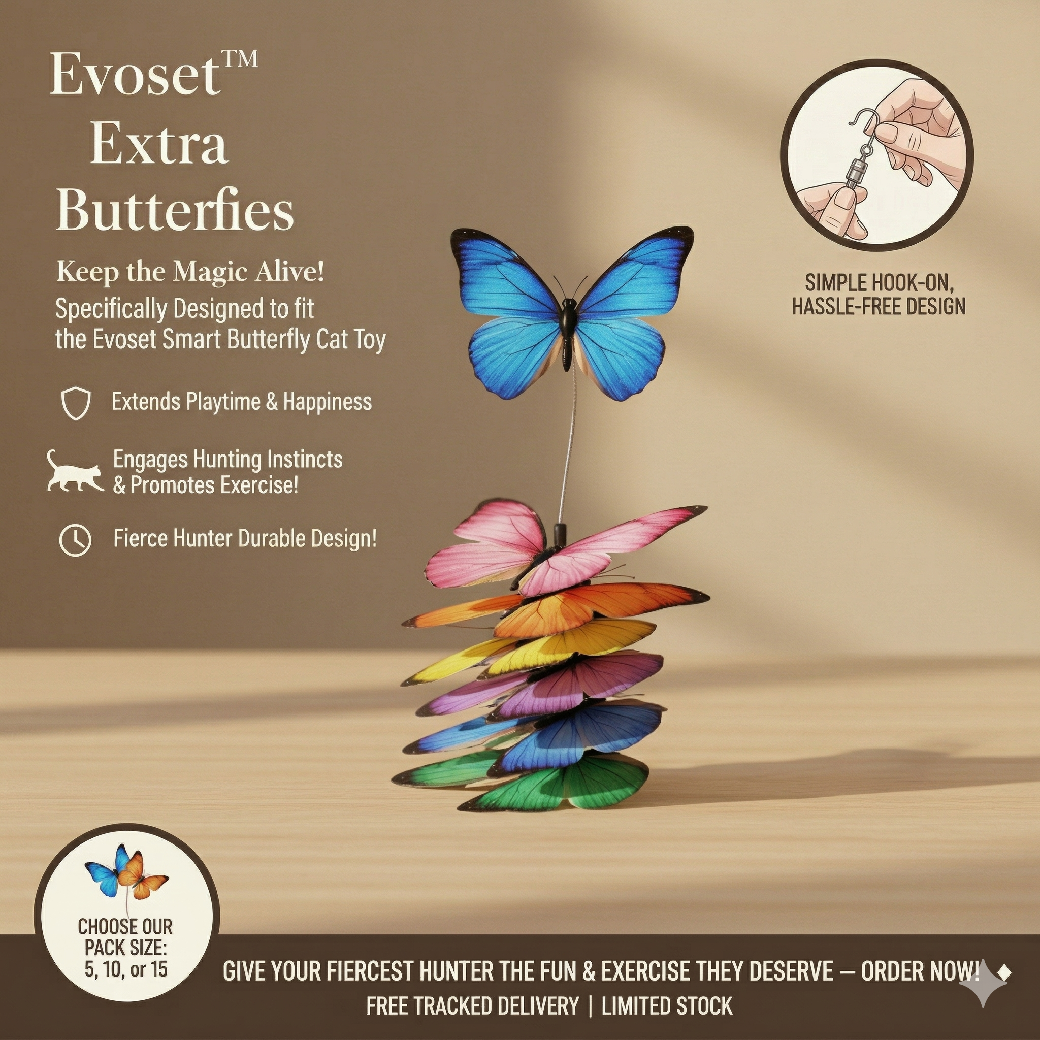 Evoset Extra Butterflies cat toy with colorful butterflies on a wooden surface, featuring text about the product.