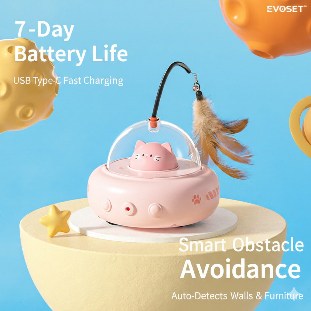 Pink cat-shaped device with a feather toy on a blue background, featuring text about battery life and obstacle avoidance.