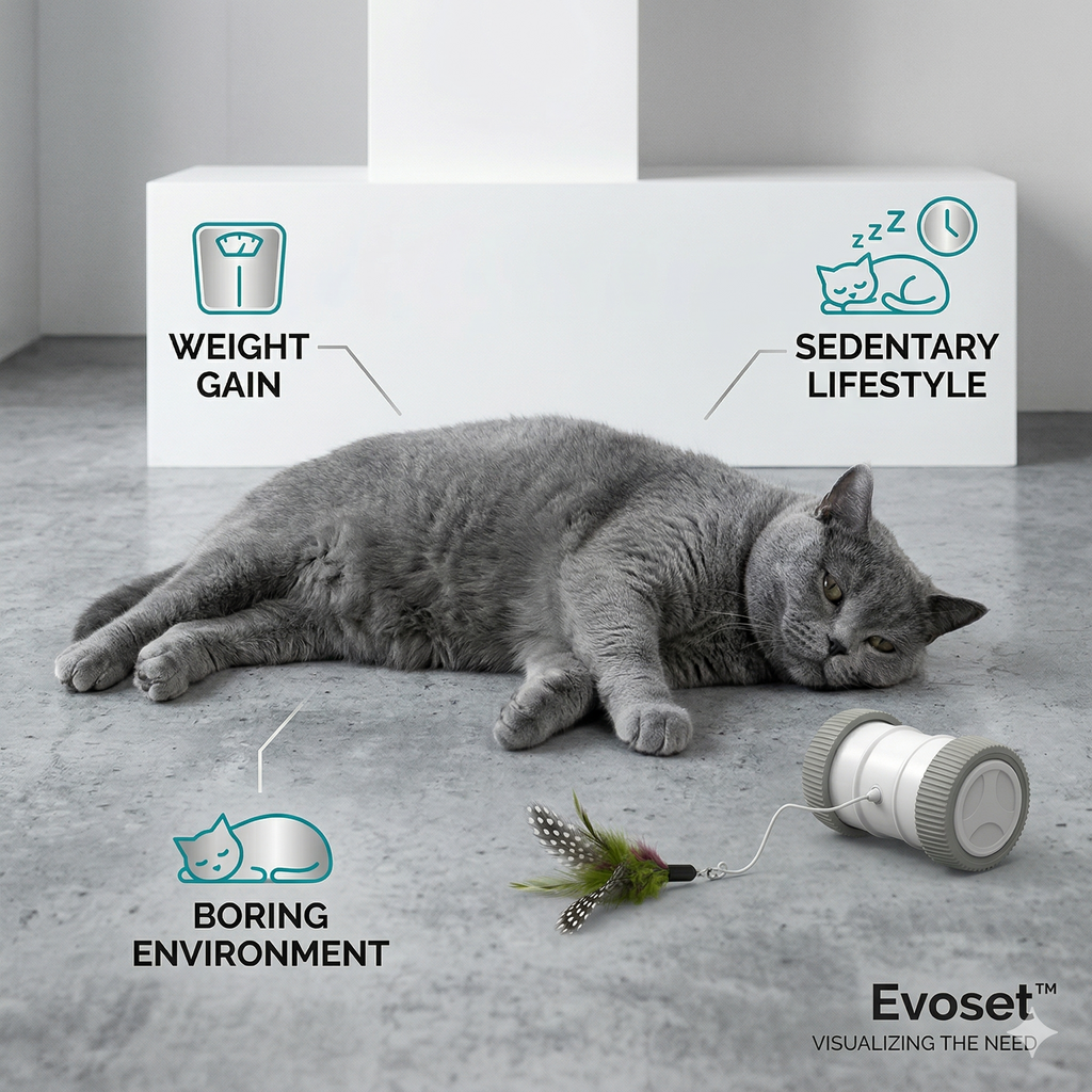 Gray cat lying on a concrete floor with a toy, surrounded by text boxes indicating weight gain, sedentary lifestyle, and boring environment.