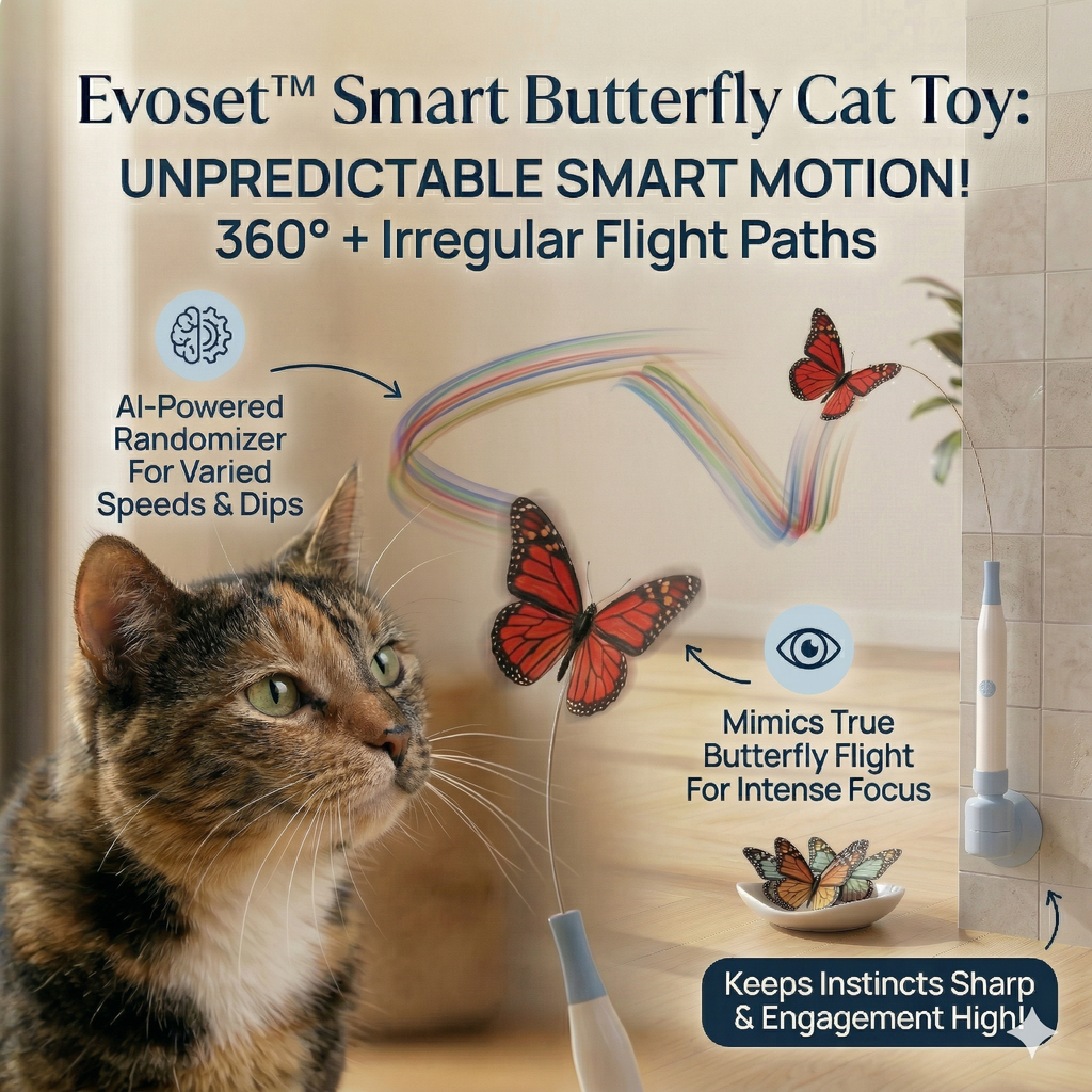 Evoset Smart Butterfly Cat Toy with a cat looking at it, on a tiled floor.