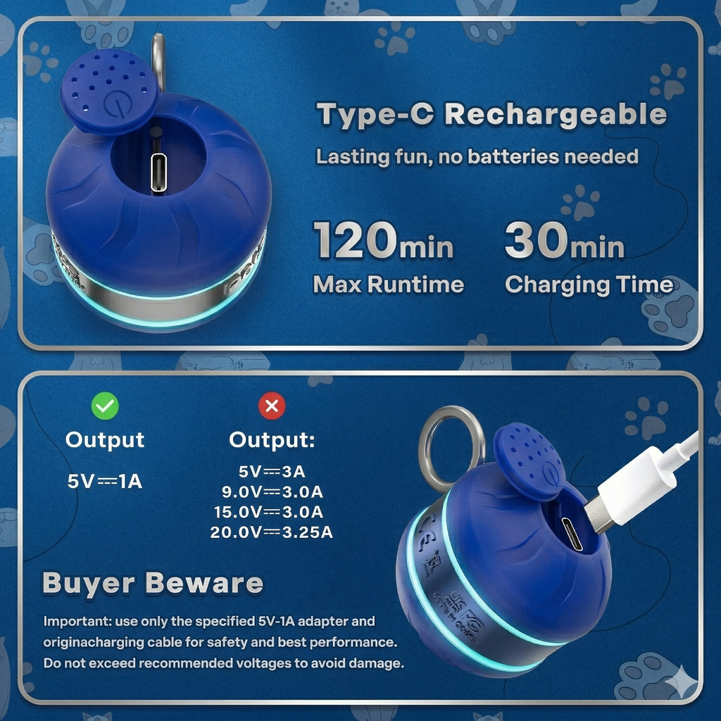 Blue electronic device with charging cable on a blue background, featuring text about rechargeability and specifications.