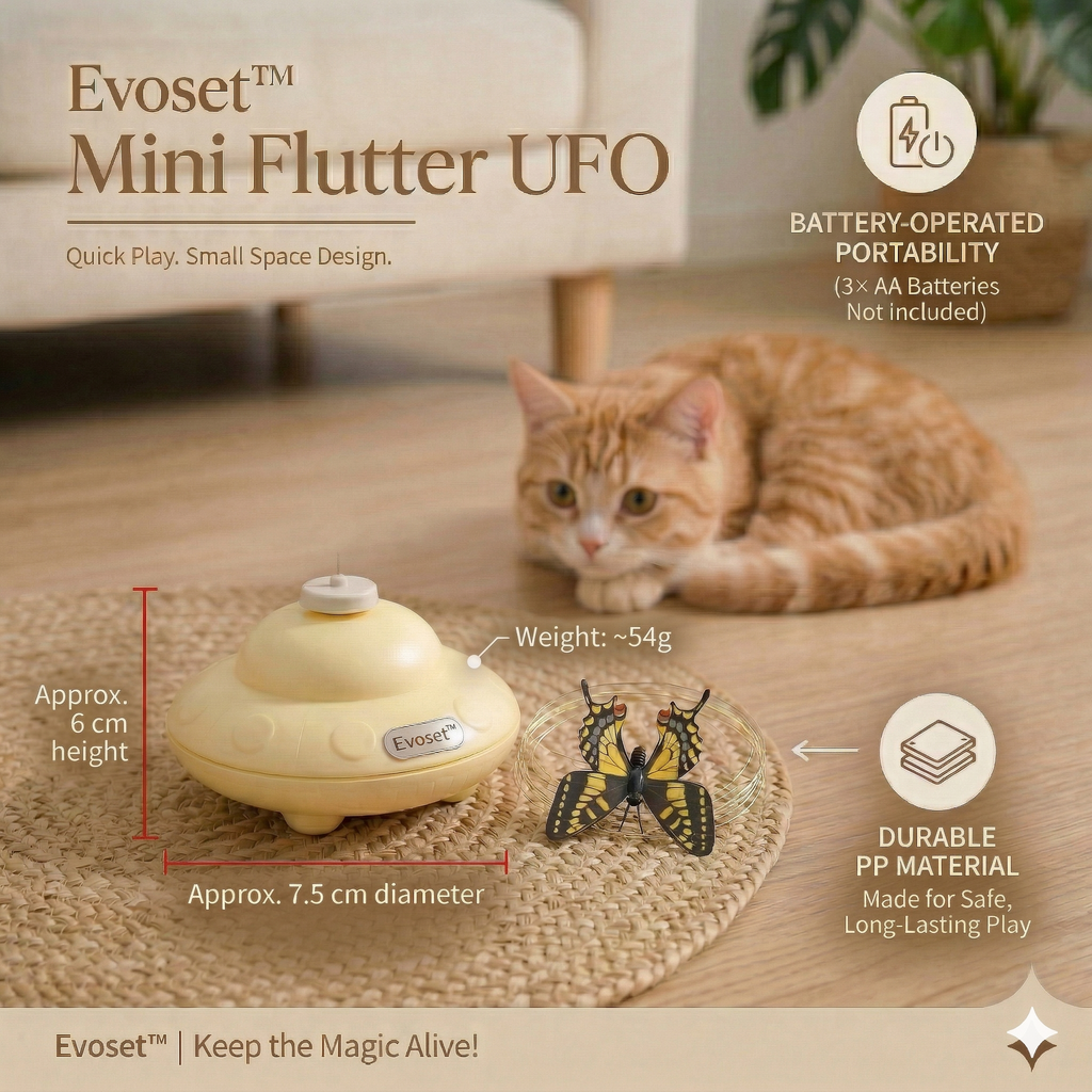 Evoset Mini Flutter UFO pet toy with a cat on a wooden floor