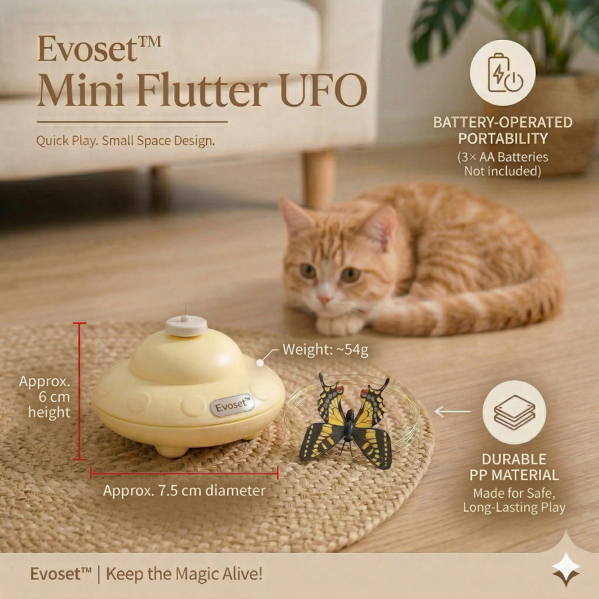 Evoset Mini Flutter UFO pet toy with a cat on a wooden floor