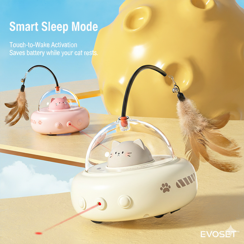Cat toy with laser pointer and feather attachments on a light background, featuring EVOSET branding.