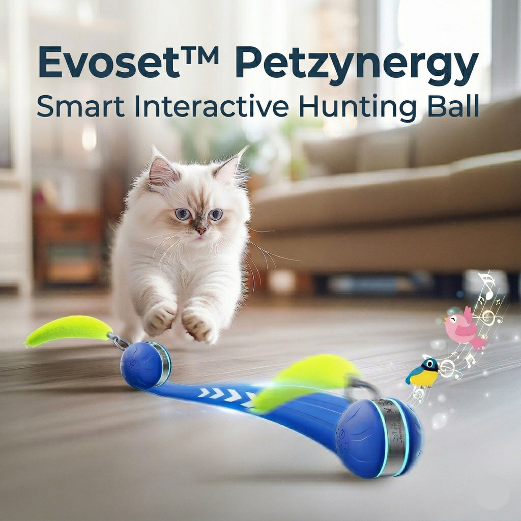 Cat playing with a blue and green Evoset Petzynergy smart interactive hunting ball in a living room.