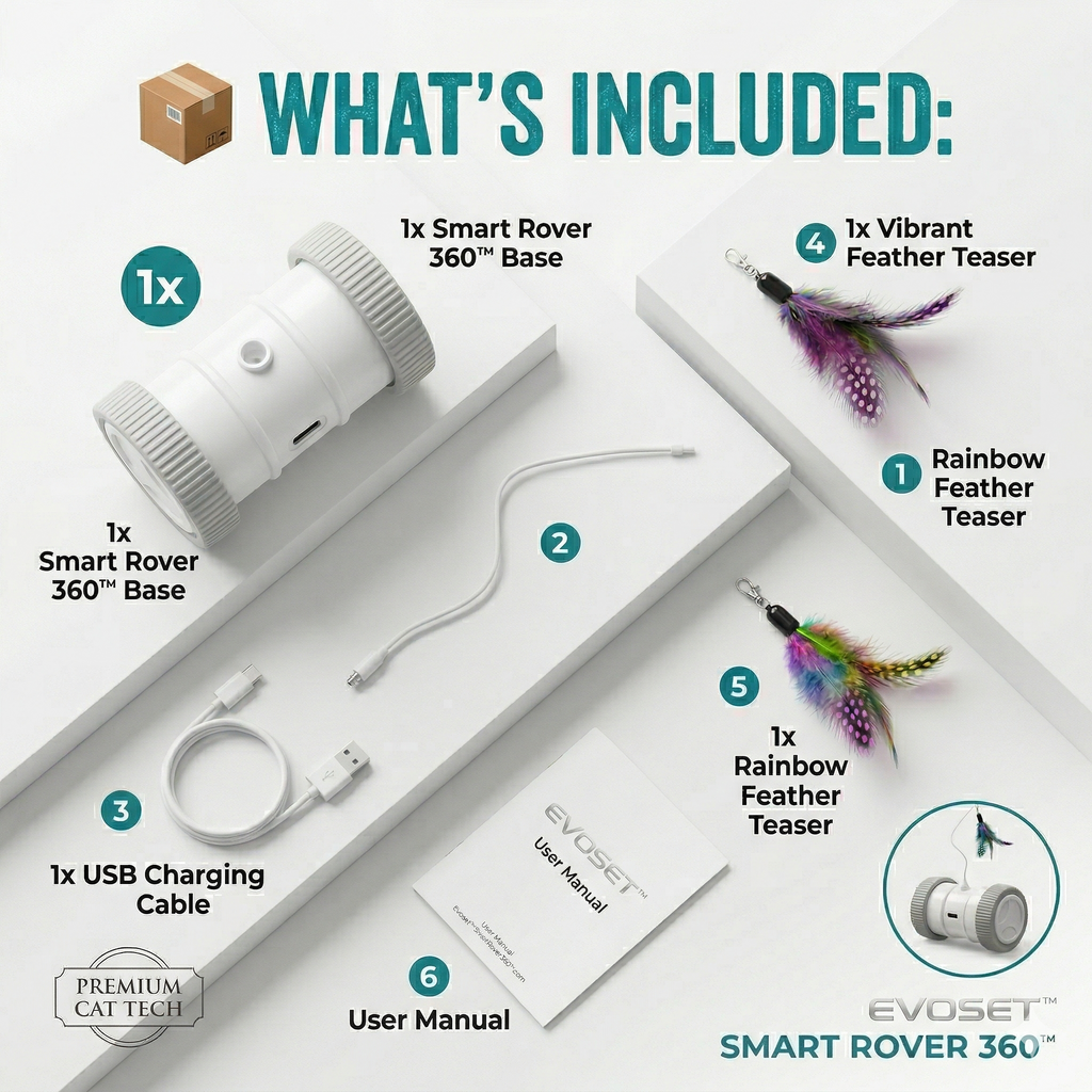 Evoset Smart Rover 360 product packaging with included items displayed.