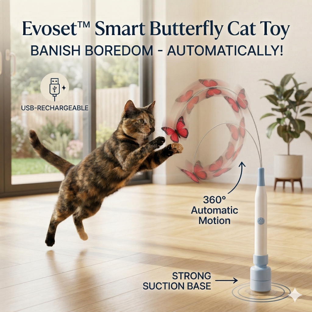 Evoset Smart Butterfly Cat Toy with a cat interacting with it in a home setting.