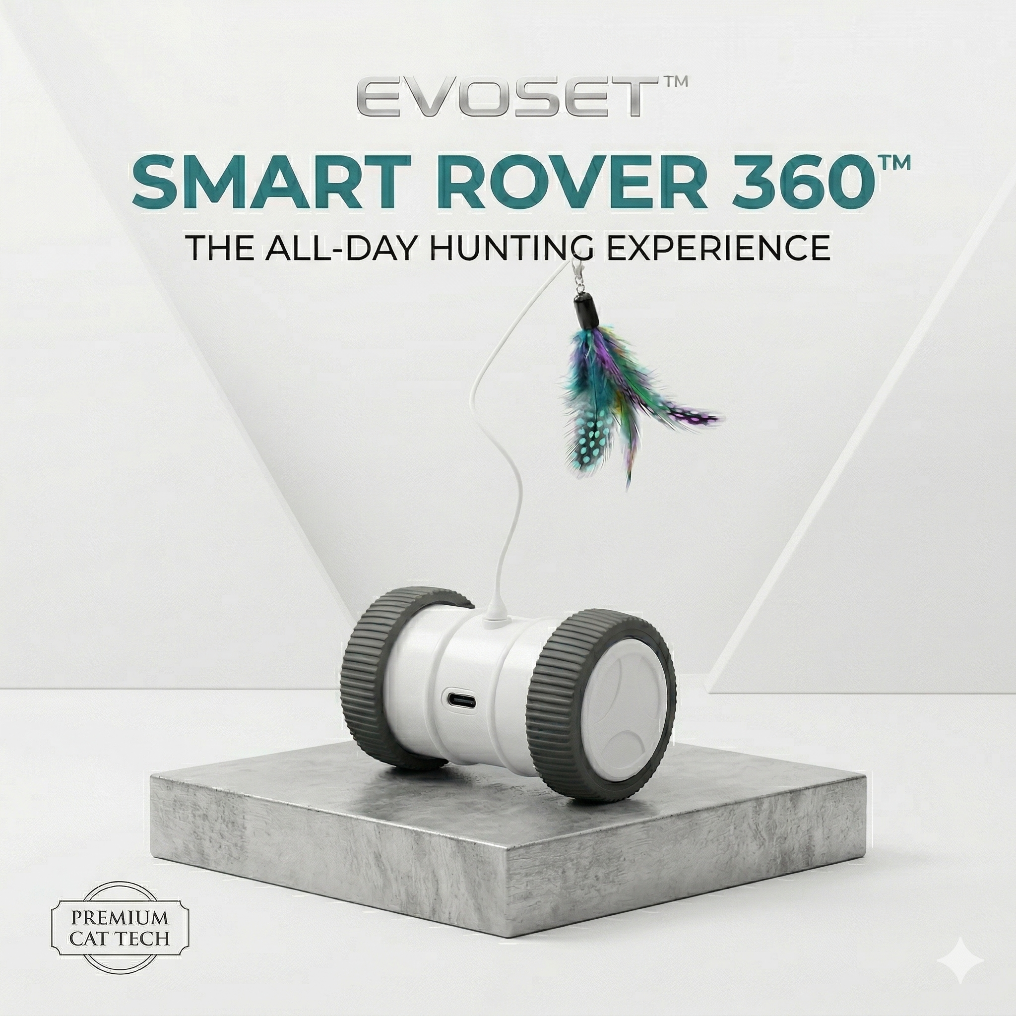 EvoSet Smart Rover 360 hunting device with a feathered lure on a white background