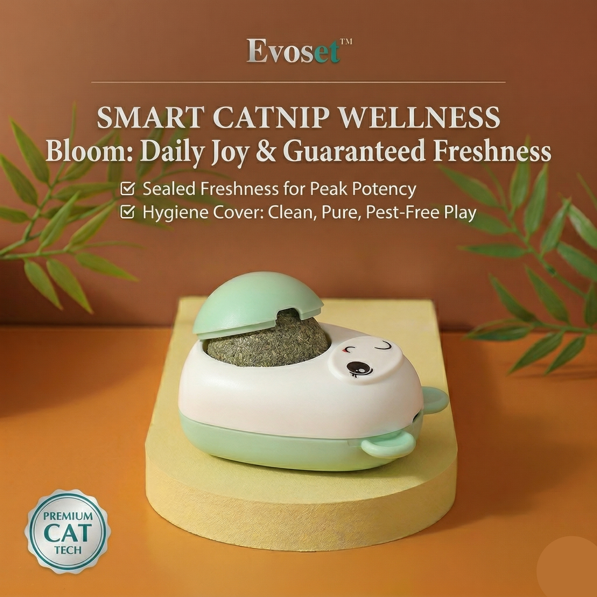 Evoset smart catnip wellness product with green catnip on a wooden base against a brown background.