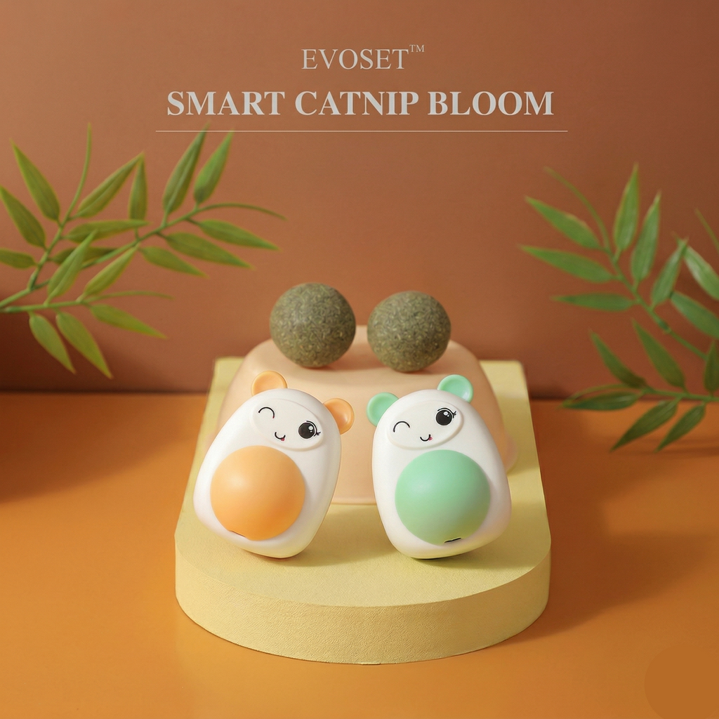 EvoSet Smart Catnip Bloom with two cute animal-shaped catnip toys on a brown background
