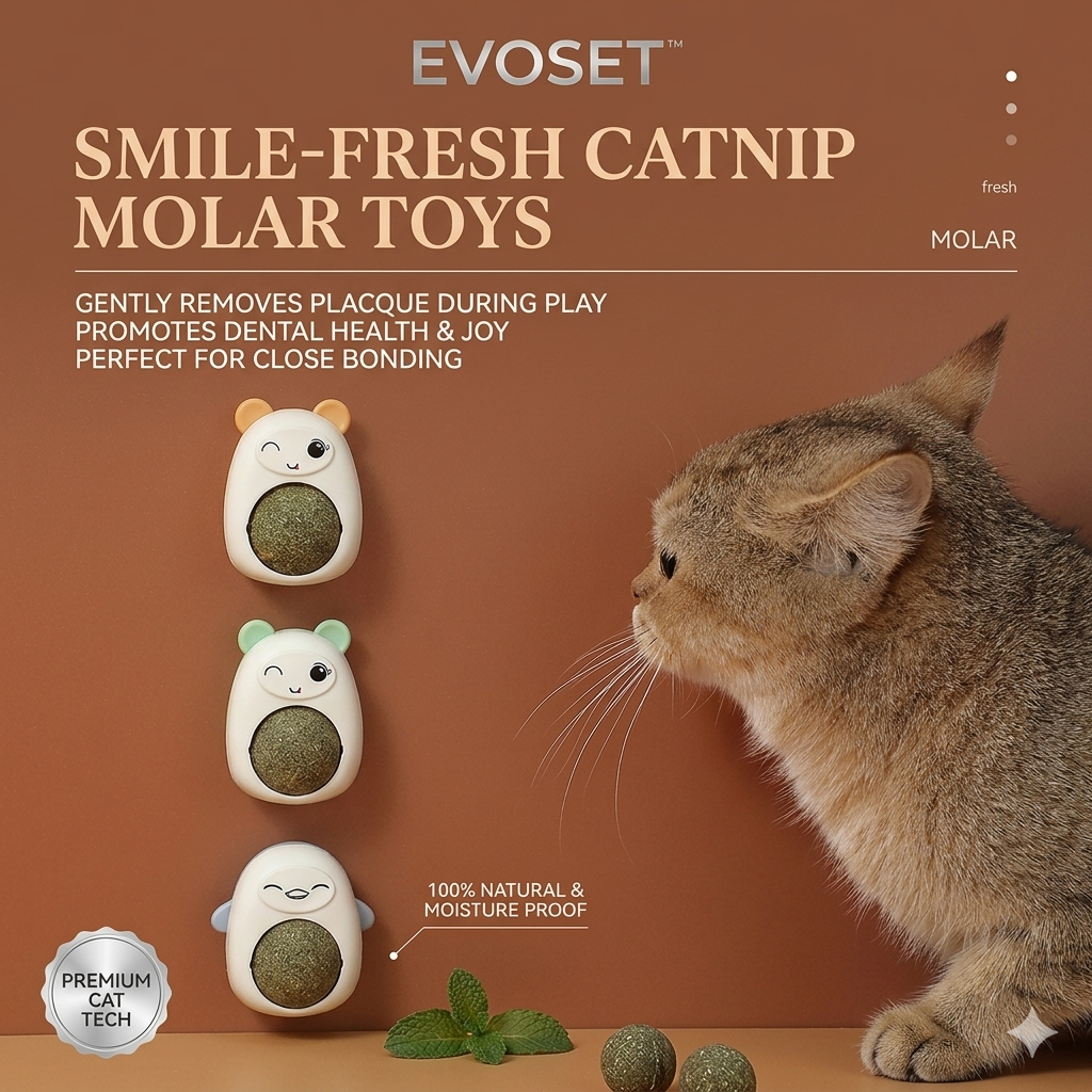 EvoSet Smile-Fresh Catnip Molar Toys with a cat on a brown background