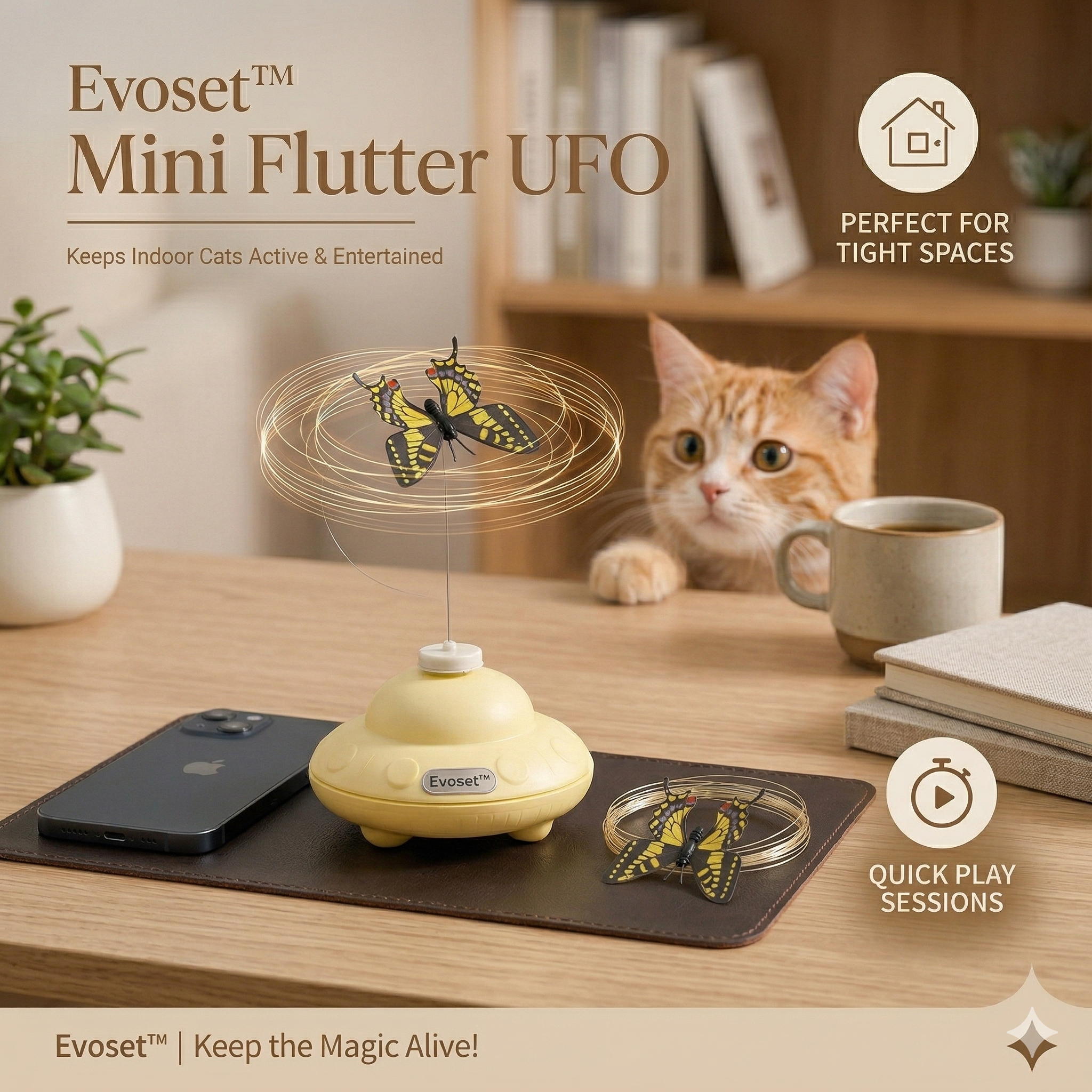 Evoset Mini Flutter UFO cat toy on a table with a cat and coffee cup in the background