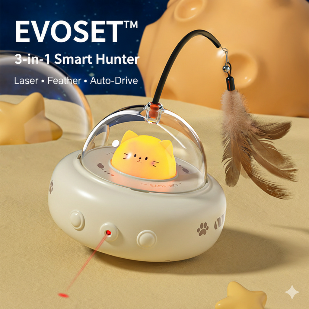 EVOSET 3-in-1 smart pet toy with laser, feather, and auto-drive features on a beige surface.