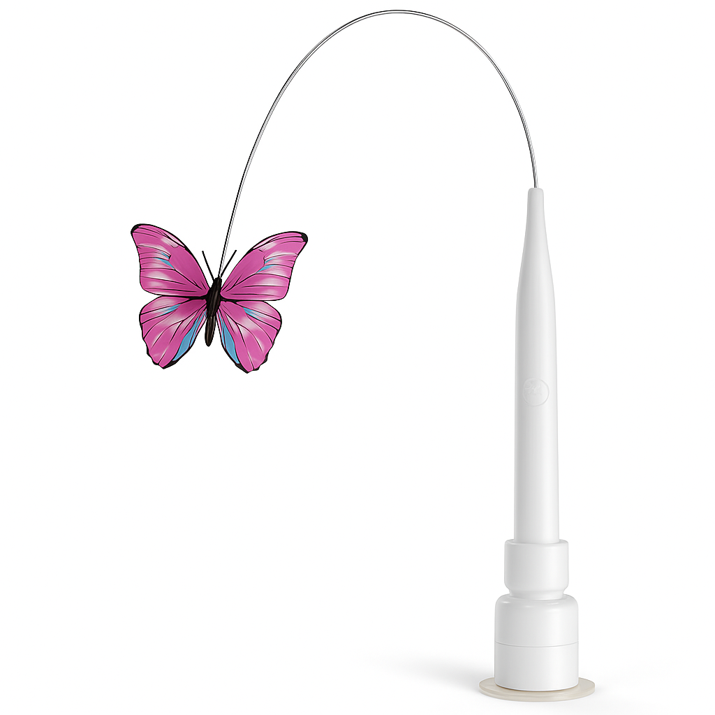 Evoset smart butterfly cat toy with a pink butterfly on a white background