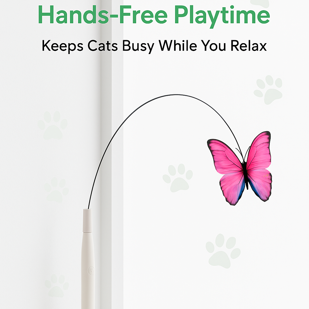 Butterfly-shaped cat toy on a stand with text 'Hands-Free Playtime' on a white background.