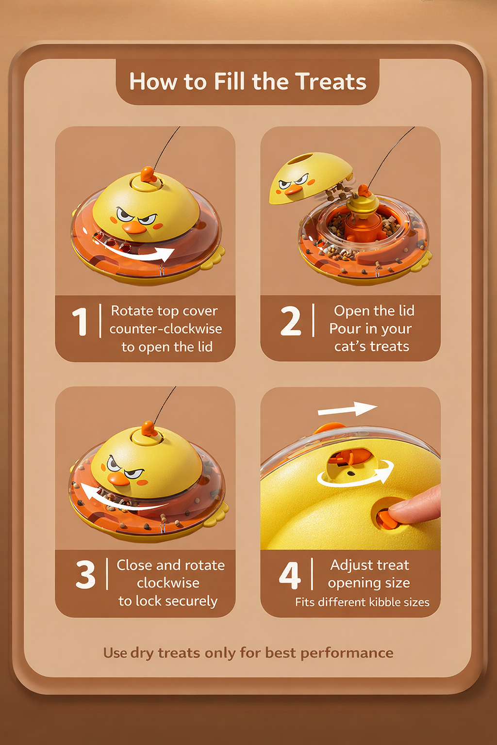 Instructions on how to fill a cat toy with treats, featuring cartoon duck design.