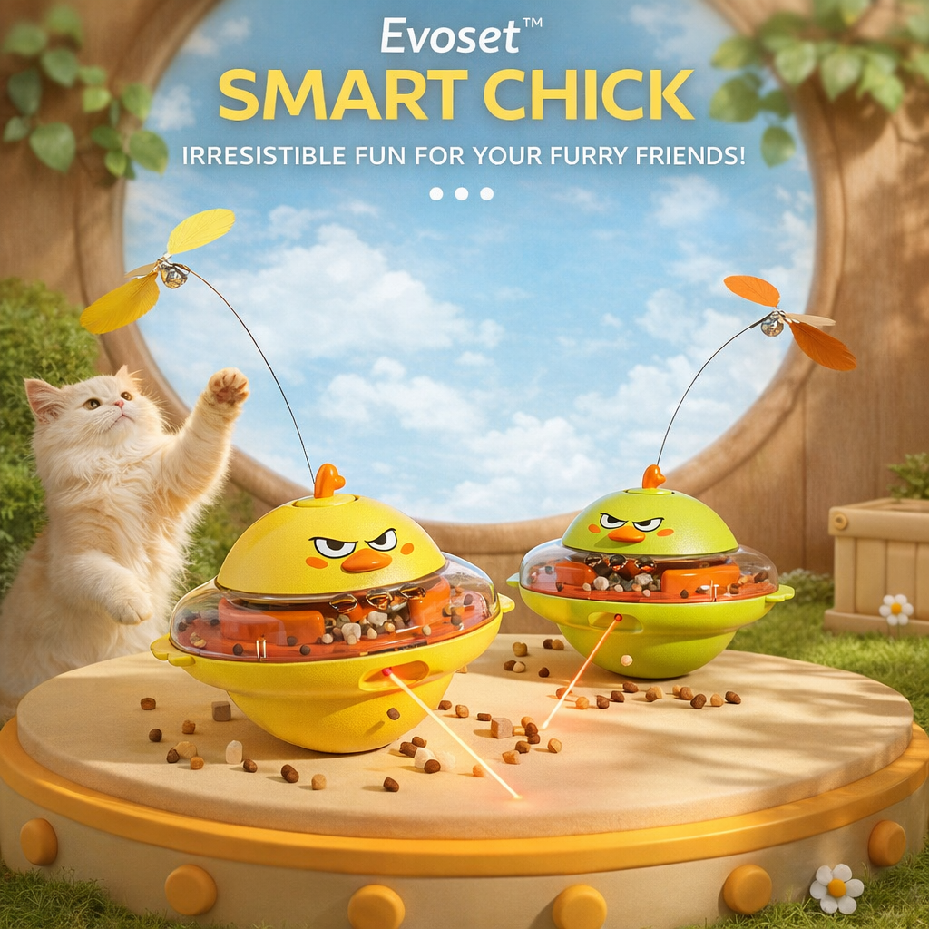 Two Evoset Smart Chick toys for cats with a cat interacting with them outdoors.