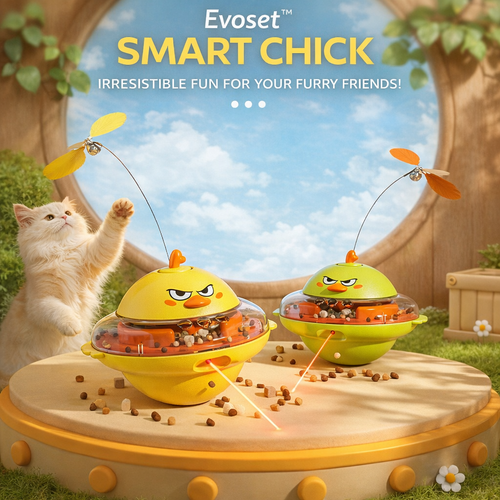 Two Evoset Smart Chick toys for cats with a cat interacting with them outdoors.