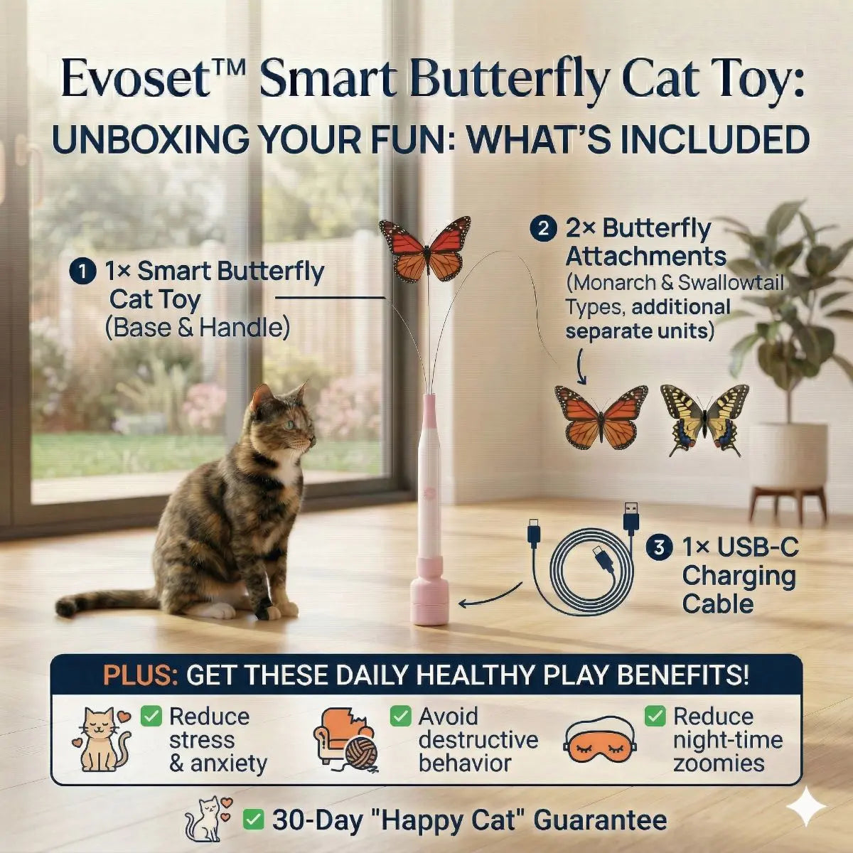 Evoset Smart Butterfly Cat Toy with a cat sitting on a wooden floor, surrounded by butterfly attachments and USB-C charging cable.