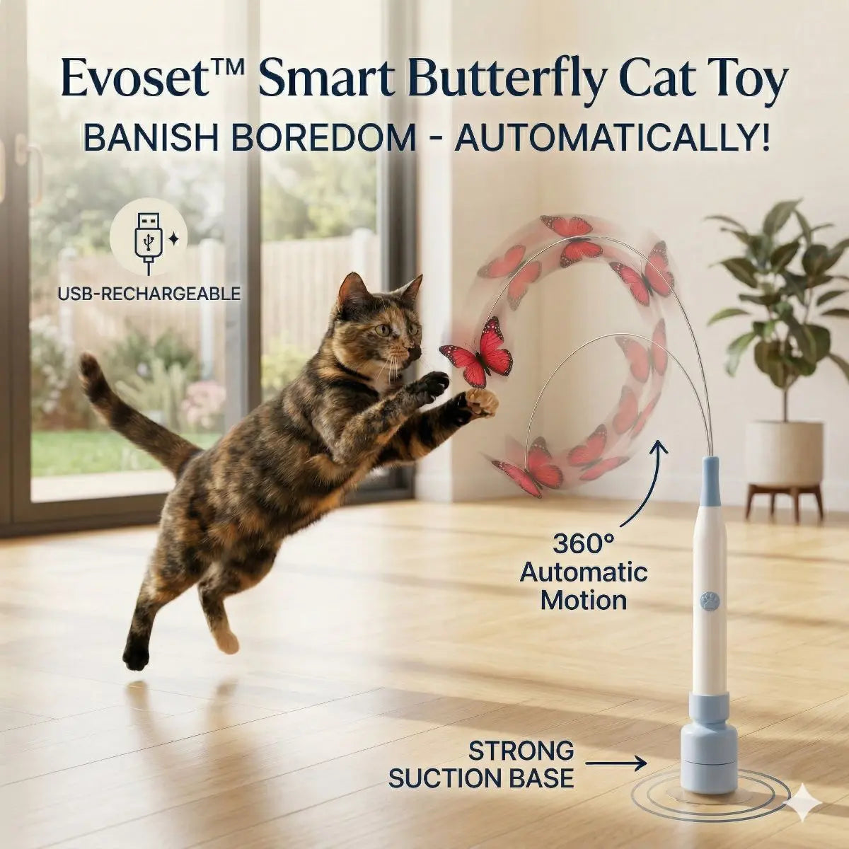 Evoset Smart Butterfly Cat Toy with a cat interacting with it in a home setting.