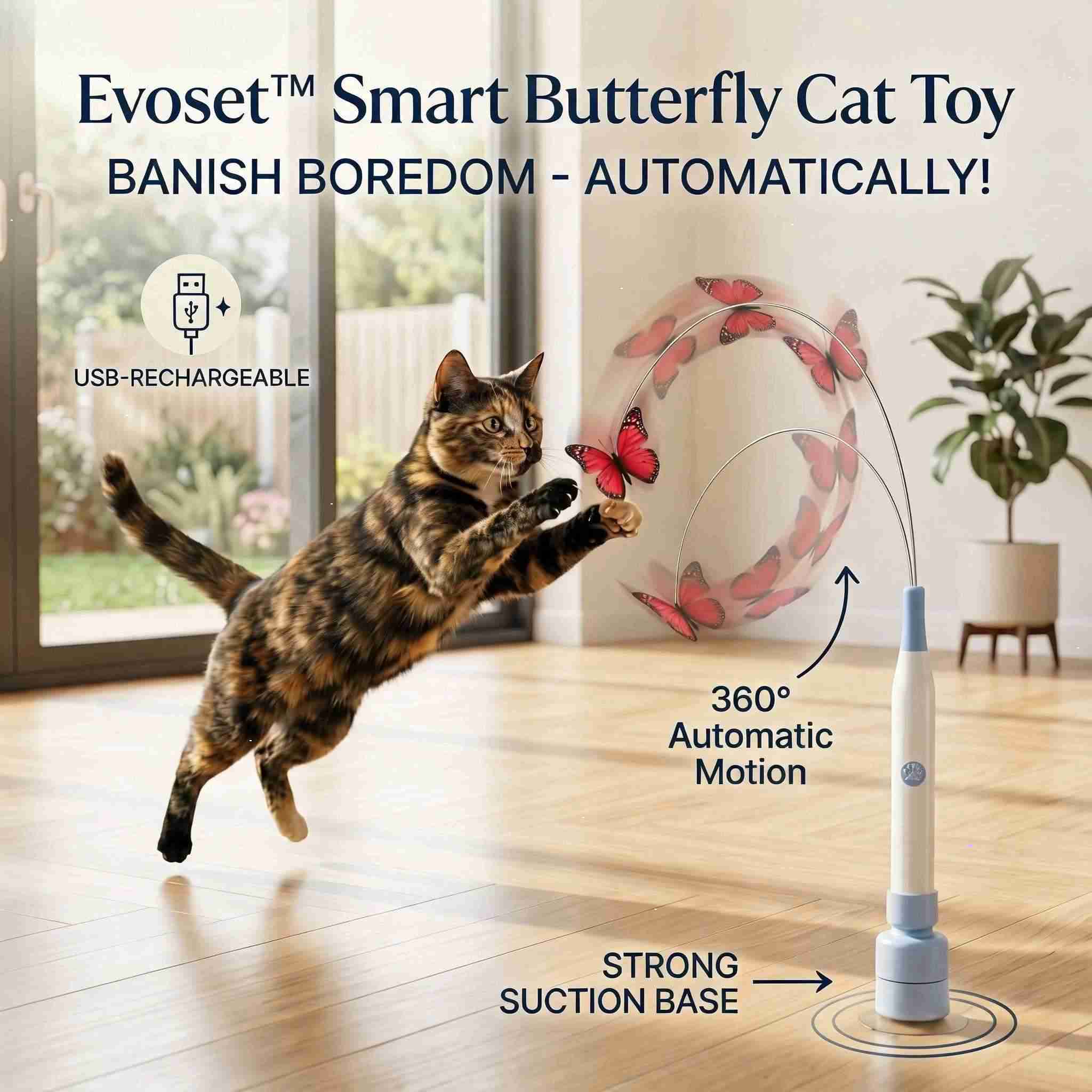 Evoset Smart Butterfly Cat Toy V2 with 360-degree automatic motion and a strong suction base. Features a USB-rechargeable design and a lifelike red butterfly teaser to keep indoor cats active.